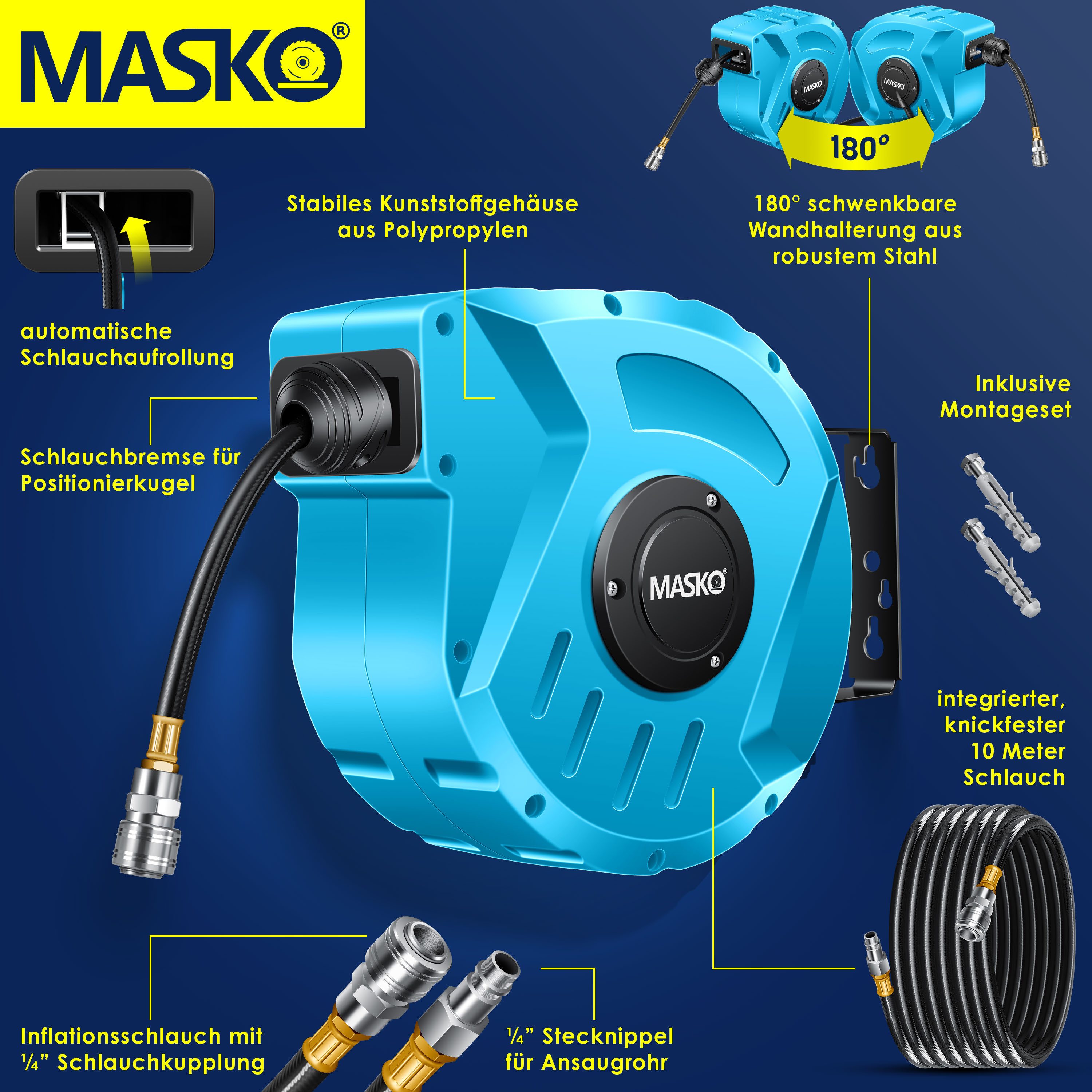 MASKO Hochdruckschlauch, Aufroller Automatik Druckluftschlauch Trommel 1/4 Anschluss Wandhalter