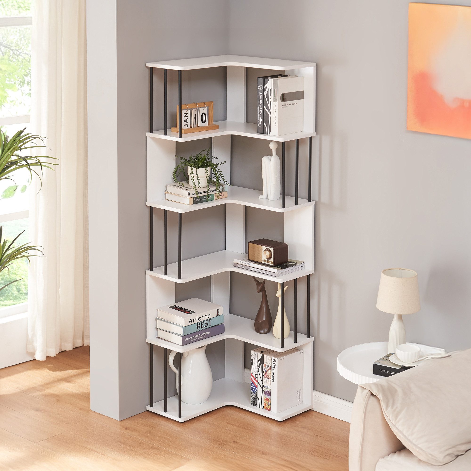 en.casa Eckregal, »Afrel« 160 x 54x 54 cm mit 5 Ebenen Weiß günstig online kaufen