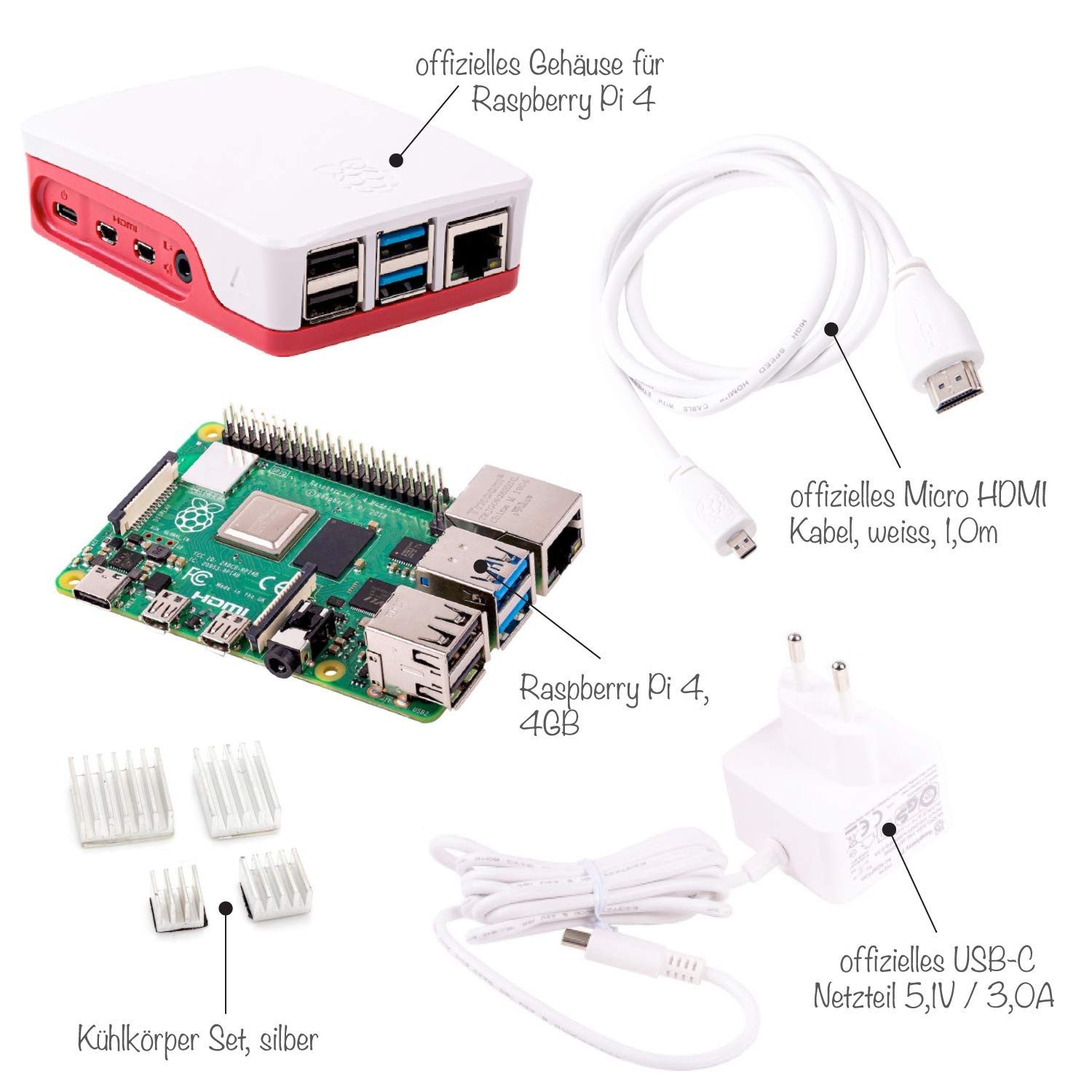 Raspberry Pi 4 Computer Modell B, 4GB RAM Light Starter Kit, weiß Mini-PC Barebone