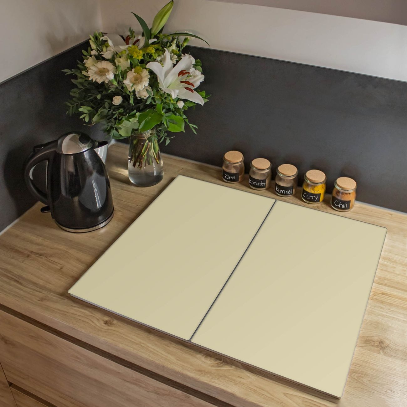 banjado Herd-Abdeckplatte zweiteilig aus Glas mit Motiv Beige, (gehärtet, 2 tlg., inkl. selbstklebende Gummifüßchen)