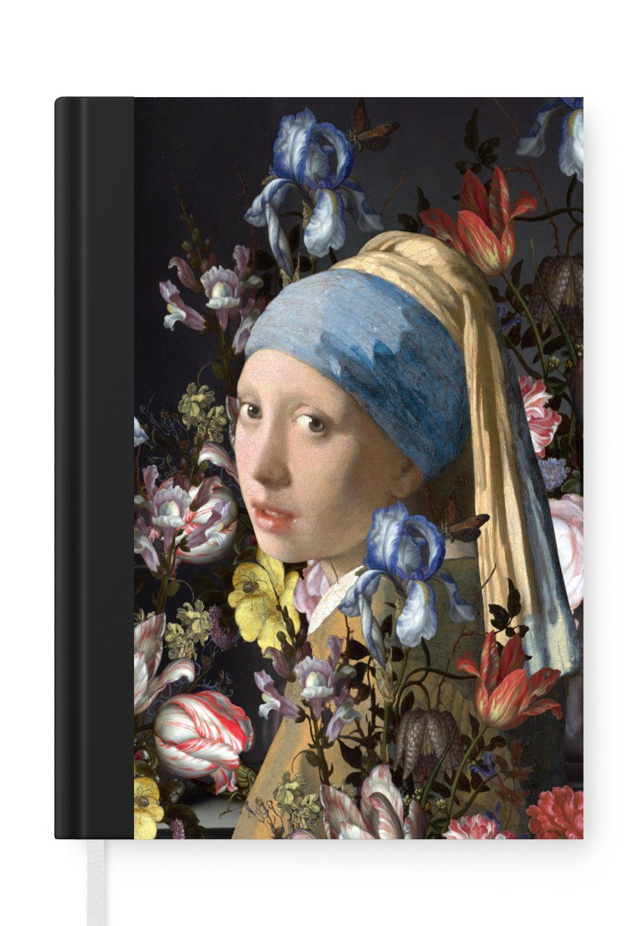 MuchoWow Notizbuch Das Mädchen mit dem Perlenohrring - Johannes Vermeer - Blumen, Journal, Merkzettel, Tagebuch, Notizheft, A5, 98 Seiten, Haushaltsbuch