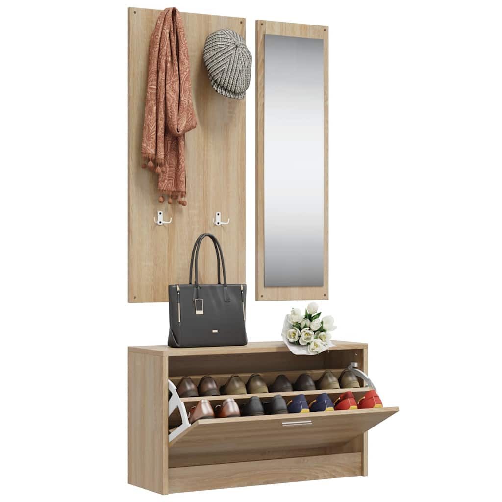 furnicato Garderoben-Set Schuhschrank-Set 80x27x46,5cm Sonoma-Eiche, (1-St), Flurmöbel-Set mit 4 Kleiderhaken und großem Wandspiegel für den Flur – Bild 3 von 5