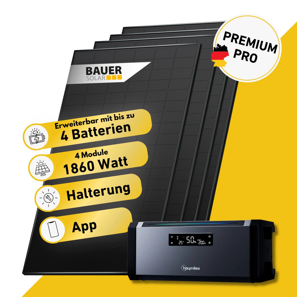 Balkonkraftwerk PREMIUM Pro 1860 Watt Solaranlage mit Speicher Komplettset Bifazial