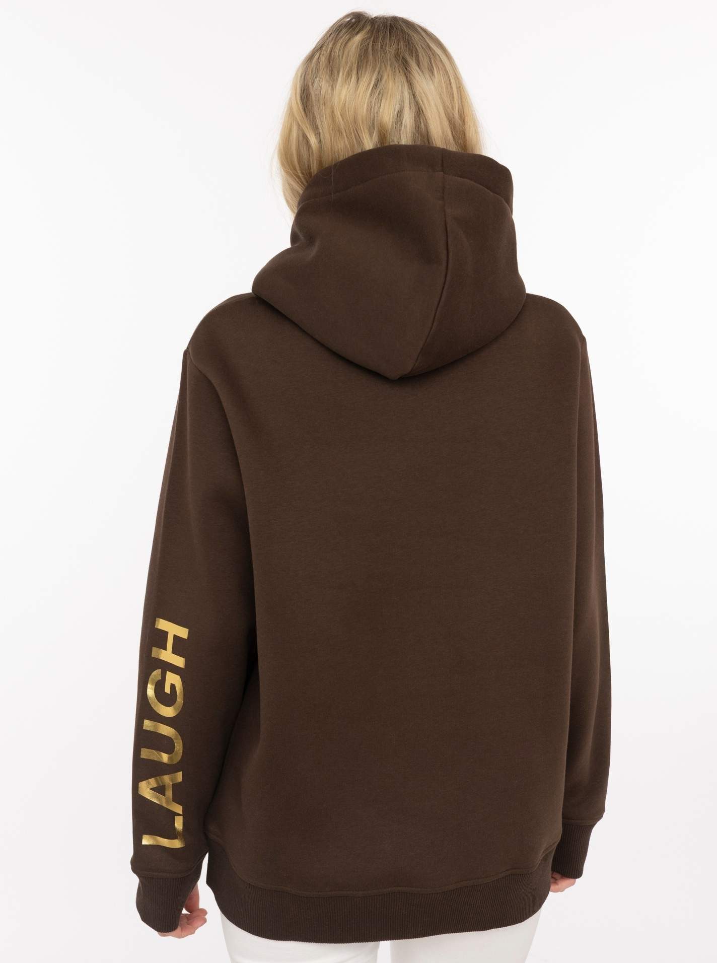 Zwillingsherz Hoodie "SMILE & LAUGH" Print am Arm und Brust, Kapuze mit bedruckter Kordel, Kängurutasche