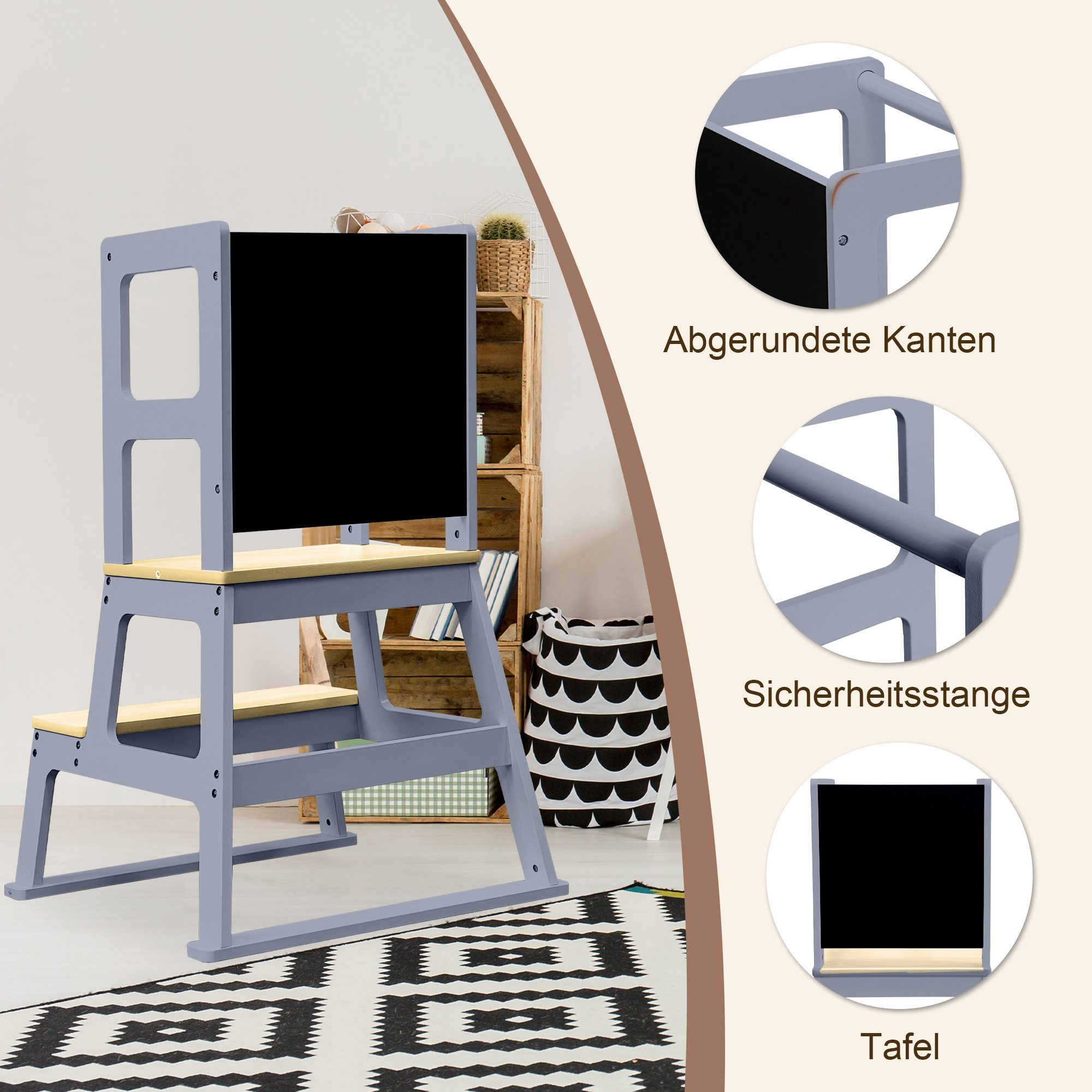 Baby Vivo Stehhilfe Lernturm aus Holz - Mit Tafel in Grau