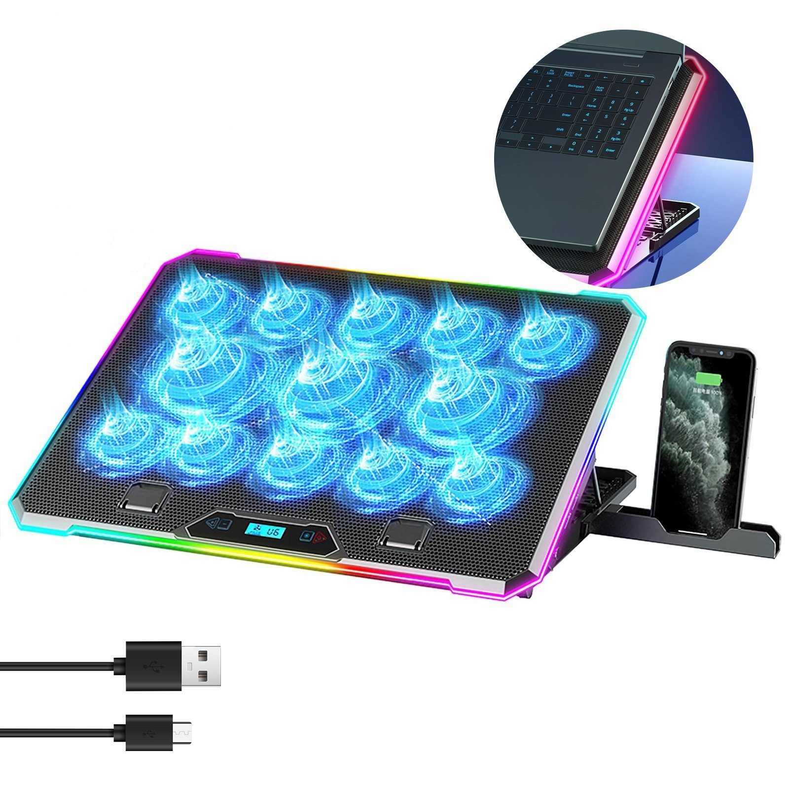 POPOLIC Notebook-Kühler Laptop-Ständer, 8-fach höhenverstellbar, 10 RGB-Modi, 13 leise Lüfter, Laptop-Kühlerbasis, einstellbare Höhenwinkel und Lüftergeschwindigkeit