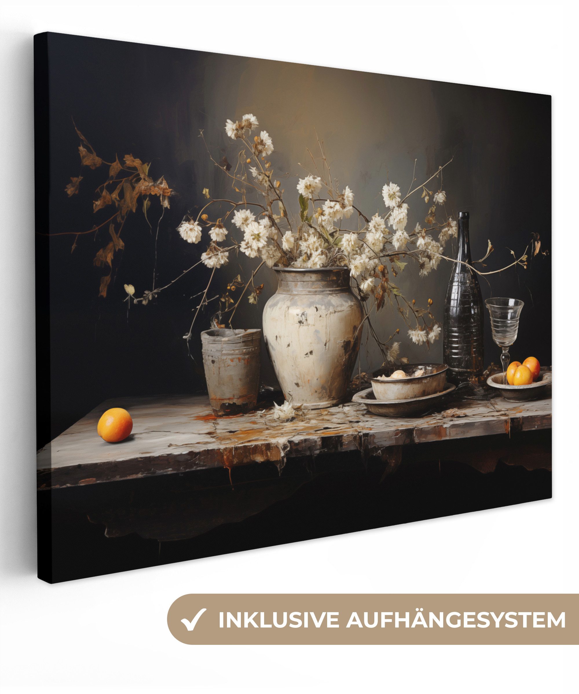OneMillionCanvasses® Leinwandbild Stilleben - Blumen - Blumenstrauß - Vase - Wein, Fotodruck (1 St), Wandbild Leinwandbilder, Aufhängefertig, Wanddeko 40x30 cm