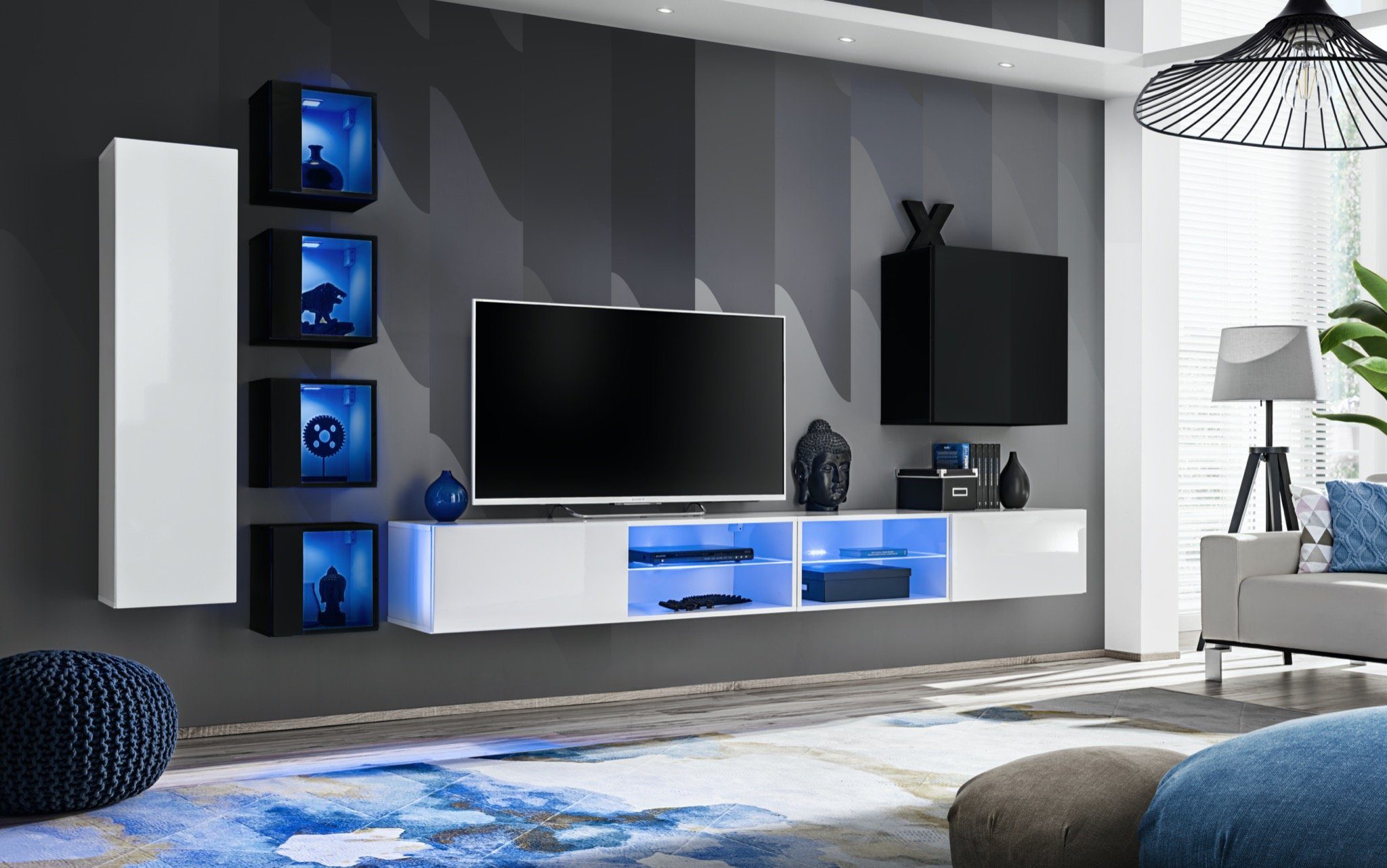 JVmoebel Wohnwand Wohnzimmer Wohnwand 8tlg Set Luxus 6x Wandschrank TV-Ständer, (8-St., 2x TV Ständer + 6x Wandschrank), LED beleuchtet