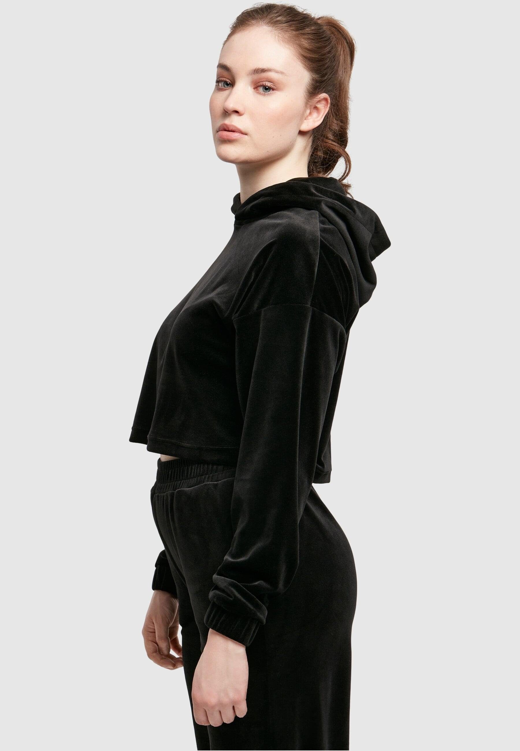 URBAN Ladies Velvet CLASSICS (1-tlg) black Damen Hoody Oversized Kapuzenpullover Cropped