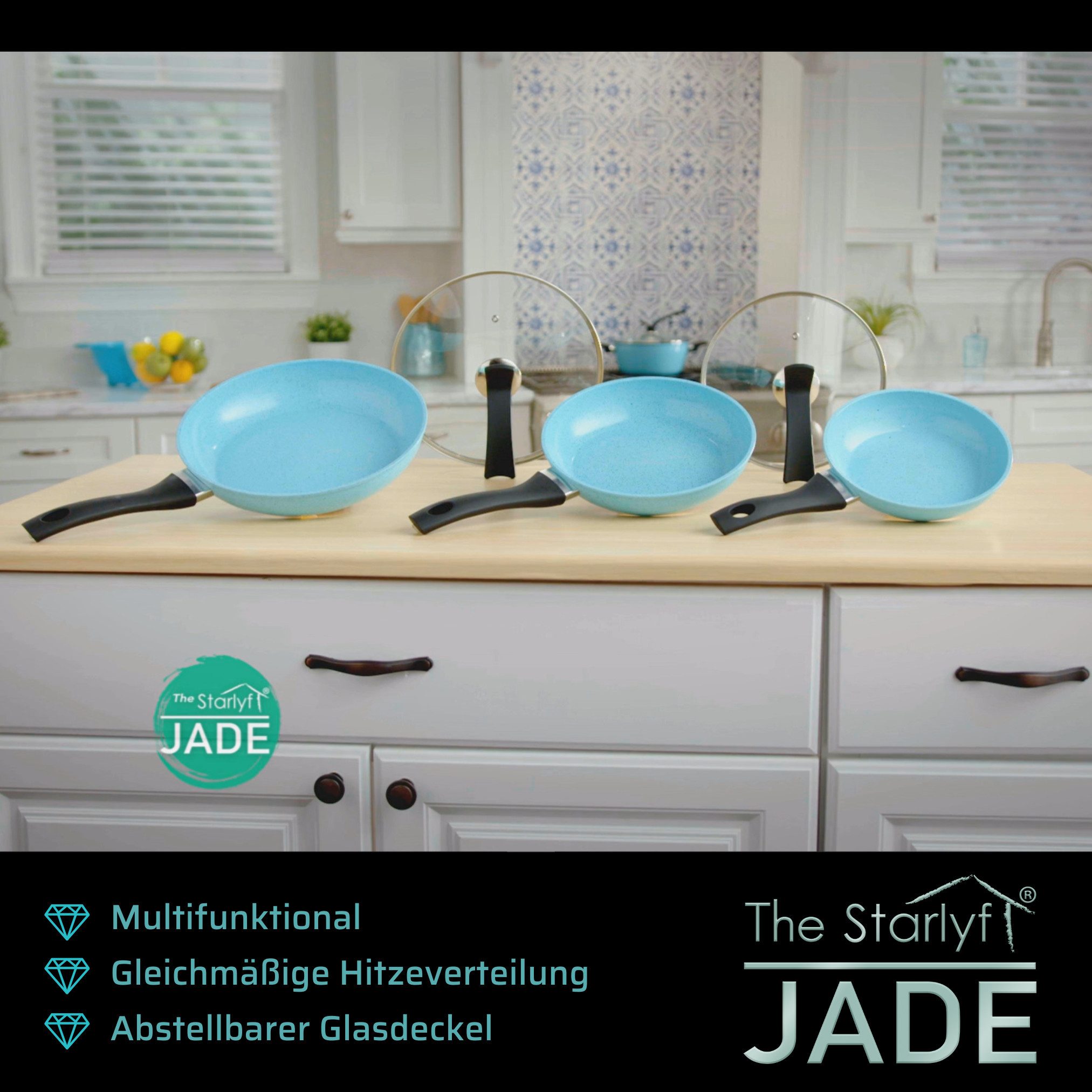 Starlyf Pfannen-Set Jade Pan Set + Jade Knife Series, Aluminium (Spar-Set, 11-tlg., 3 Pfannen, 2 Glasdeckel, 5 Messer, 1 Messerständer), Pfannen - Messerset - M – Bild 4 von 5