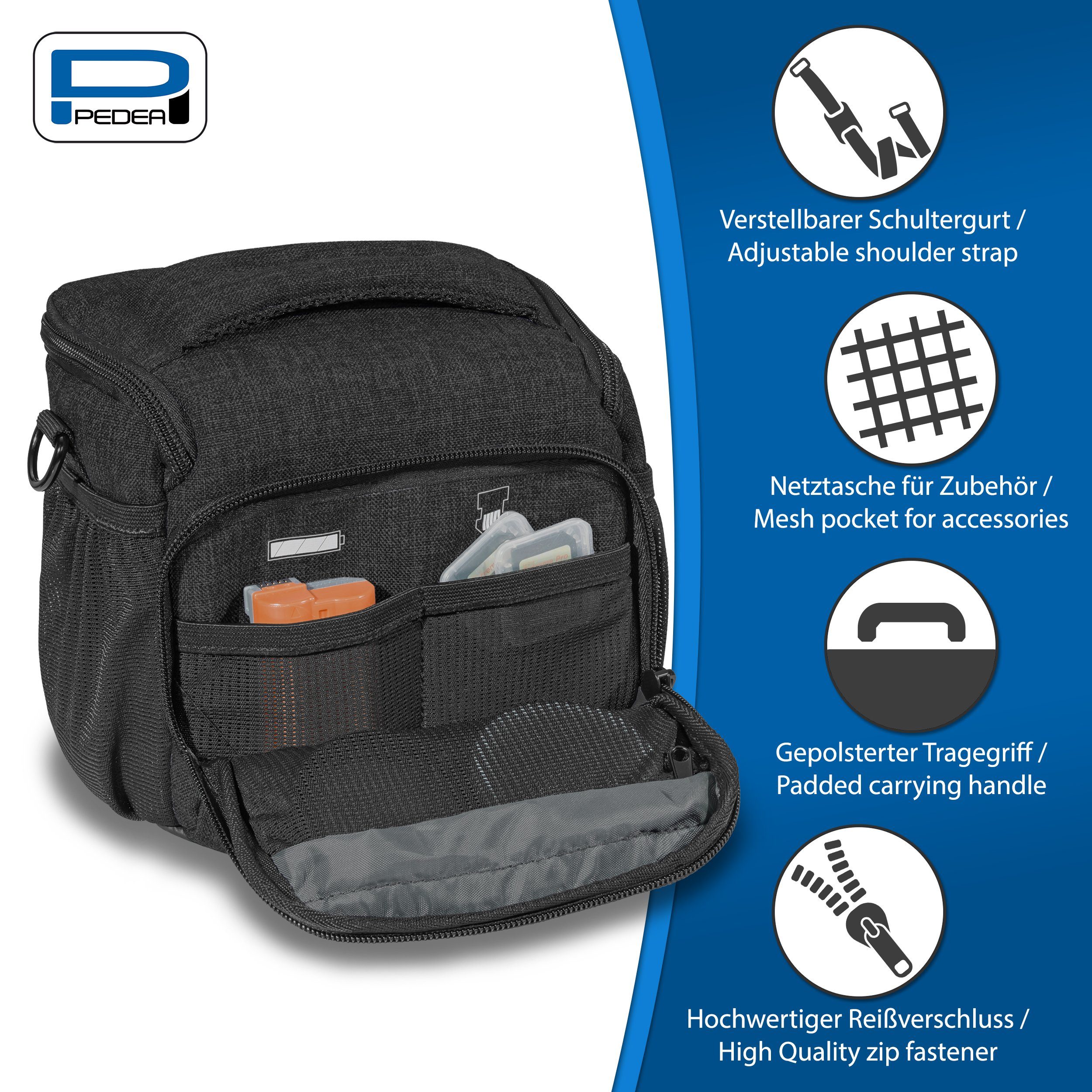 PEDEA Kameratasche FASHION L Fototasche gepolstert, mit Gurt und Zubehörfächer, Größe L / Regenschutz, Schultergurt, Zubehörfächer