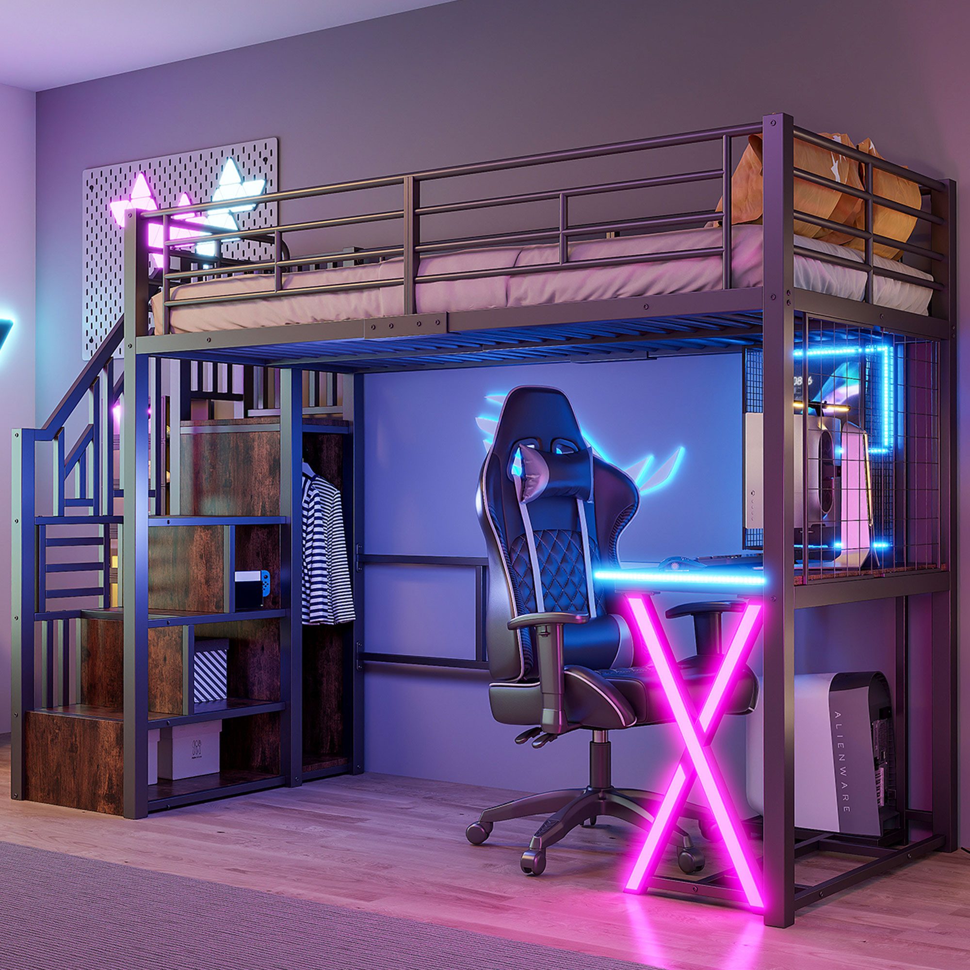 Flieks Hochbett LED Metallbett 90x200cm mit Schreibtisch Kleiderschrank Sta günstig online kaufen