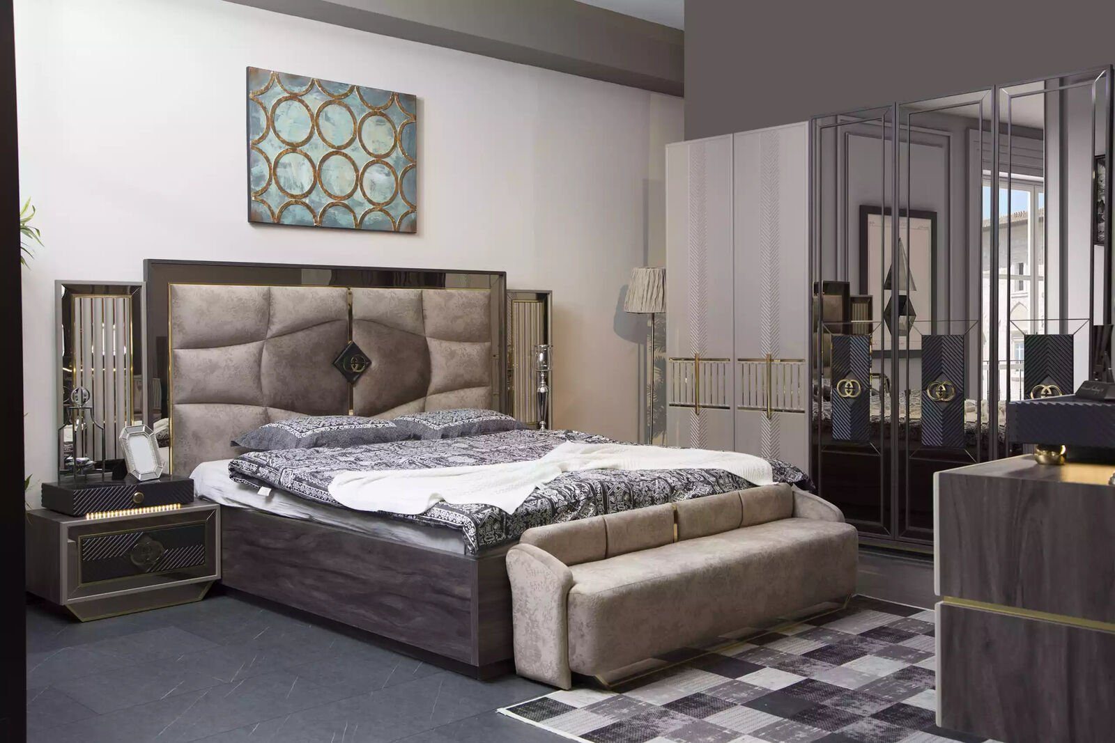 JVmoebel Schlafzimmer-Set Schlafzimmer Bett 2x Nachttische Luxus Garnitur Modern Set 3tlg Neu, (3-St., Bett + 2x Nachttische), Made in Europa