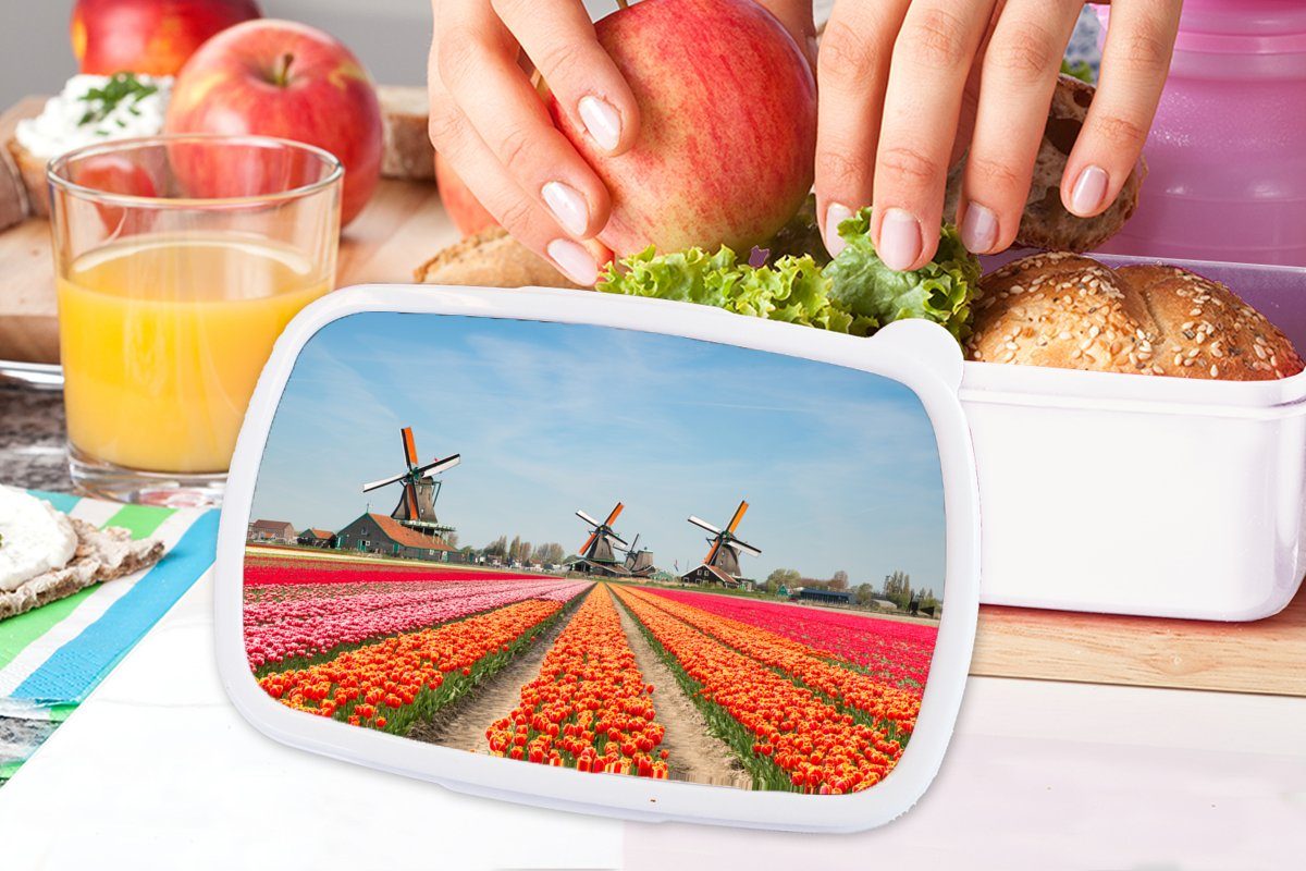 Brotbox Mädchen Niederlande, Tulpen MuchoWow Erwachsene, Windmühle (2-tlg), Jungs für Kinder für Lunchbox Brotdose, weiß und - Kunststoff, und -