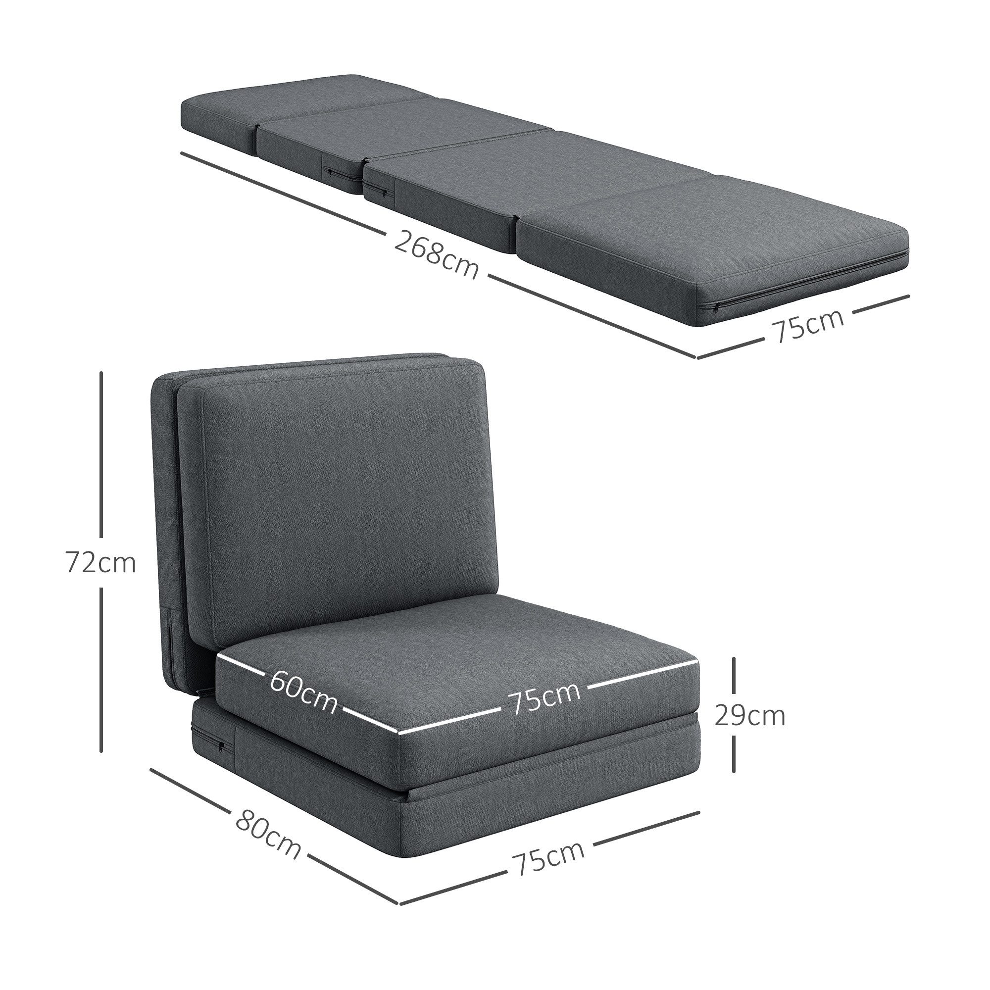 HOMCOM Sitzkissen 3-in-1 Klappbar Schlafsofa mit Samtoptik, bis 240 kg belastbar, für Schlafzimmer, Wohnzimmer, Dunkelgrau
