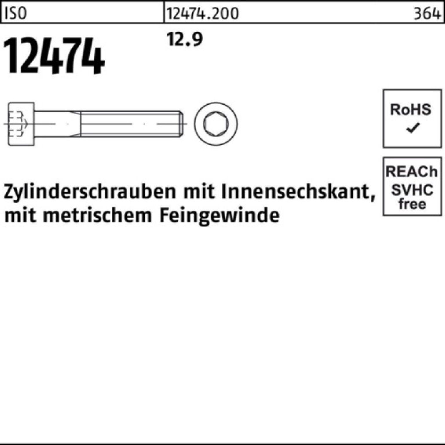 Zylinderschraube Reyher Zylinderschraube St 100er Pack 12.9 12474 100 M10x1x 90 Innen-6kt ISO