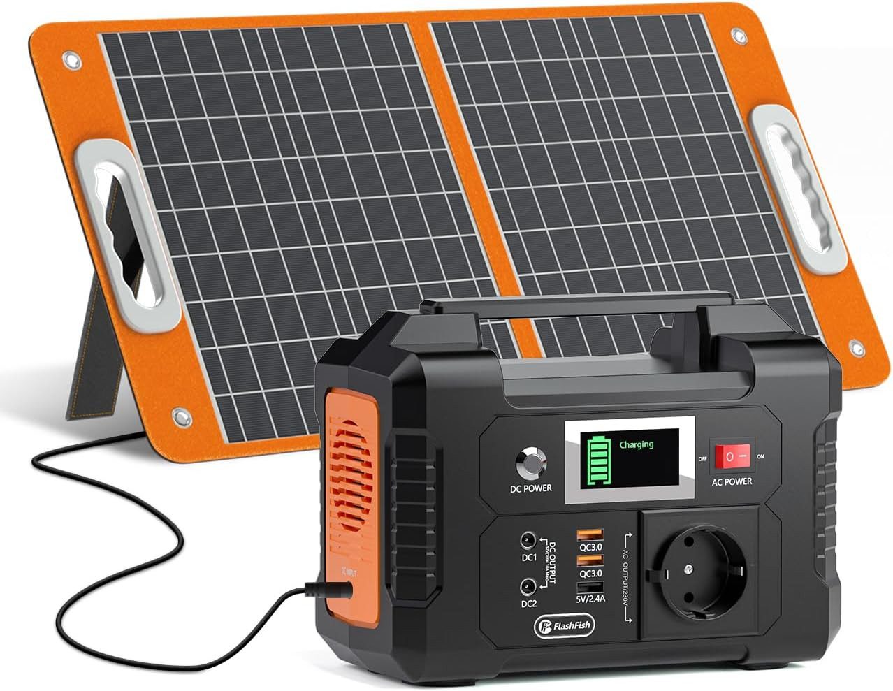 Flashfish Stromerzeuger Powerstation 200W, 151Wh Stromgenerator Solar, AC-Ausgang 230V, 0,2 in kW, (E200), mit 60w Solarpanel für Camping,Abenteuer und Notfälle