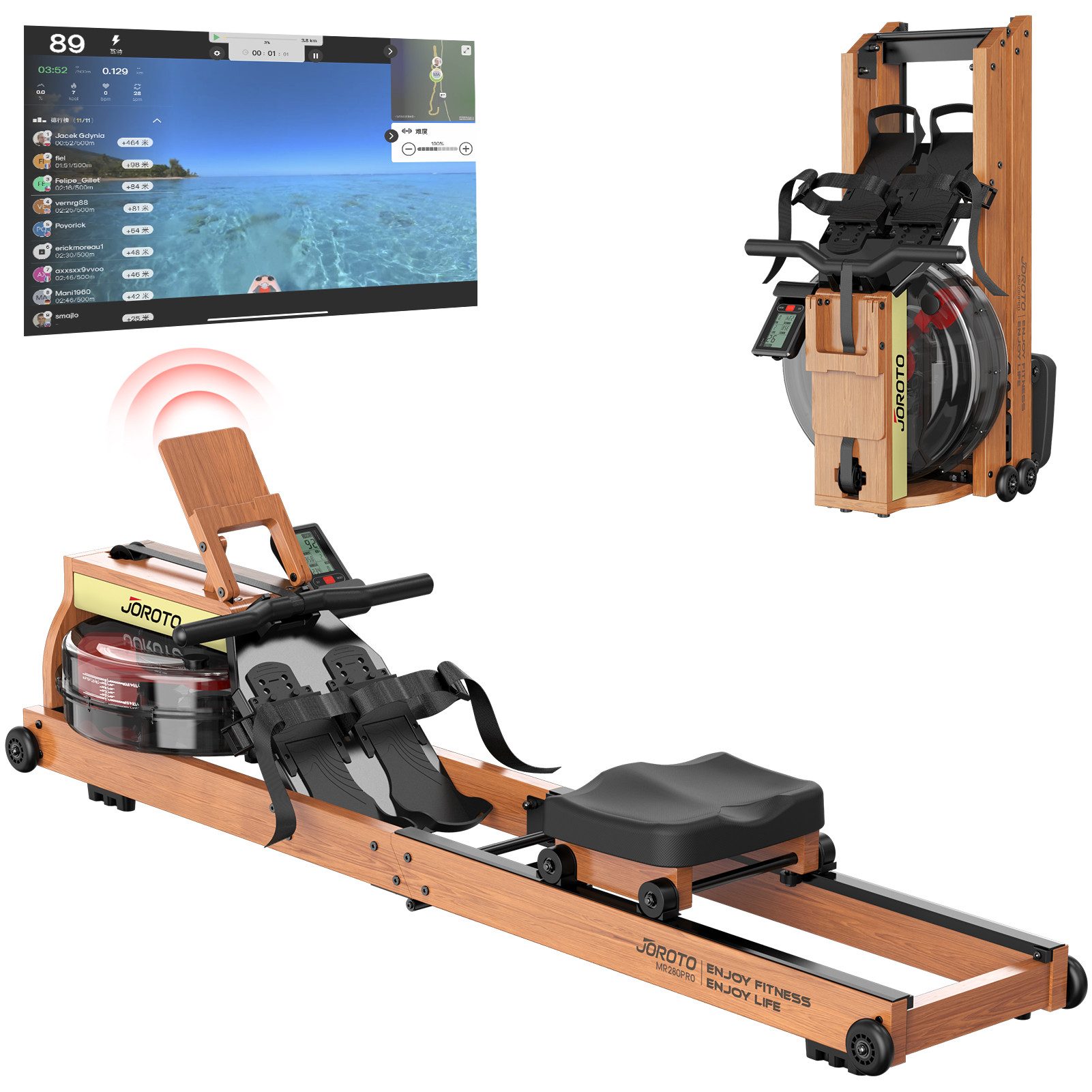 JOROTO Rudergerät für Zuhause Wasserrudergerät aus Holz, aus Eiche, Klappbares Rudergerät mit Bluetooth Monitor