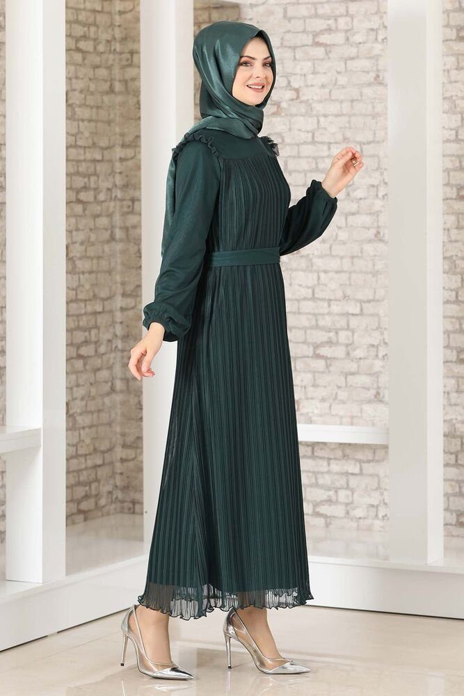 Modavitrini Abendkleid Damen Kleid elegant mit Passe und Faltendetail - Modest Fashion Falten-Optik