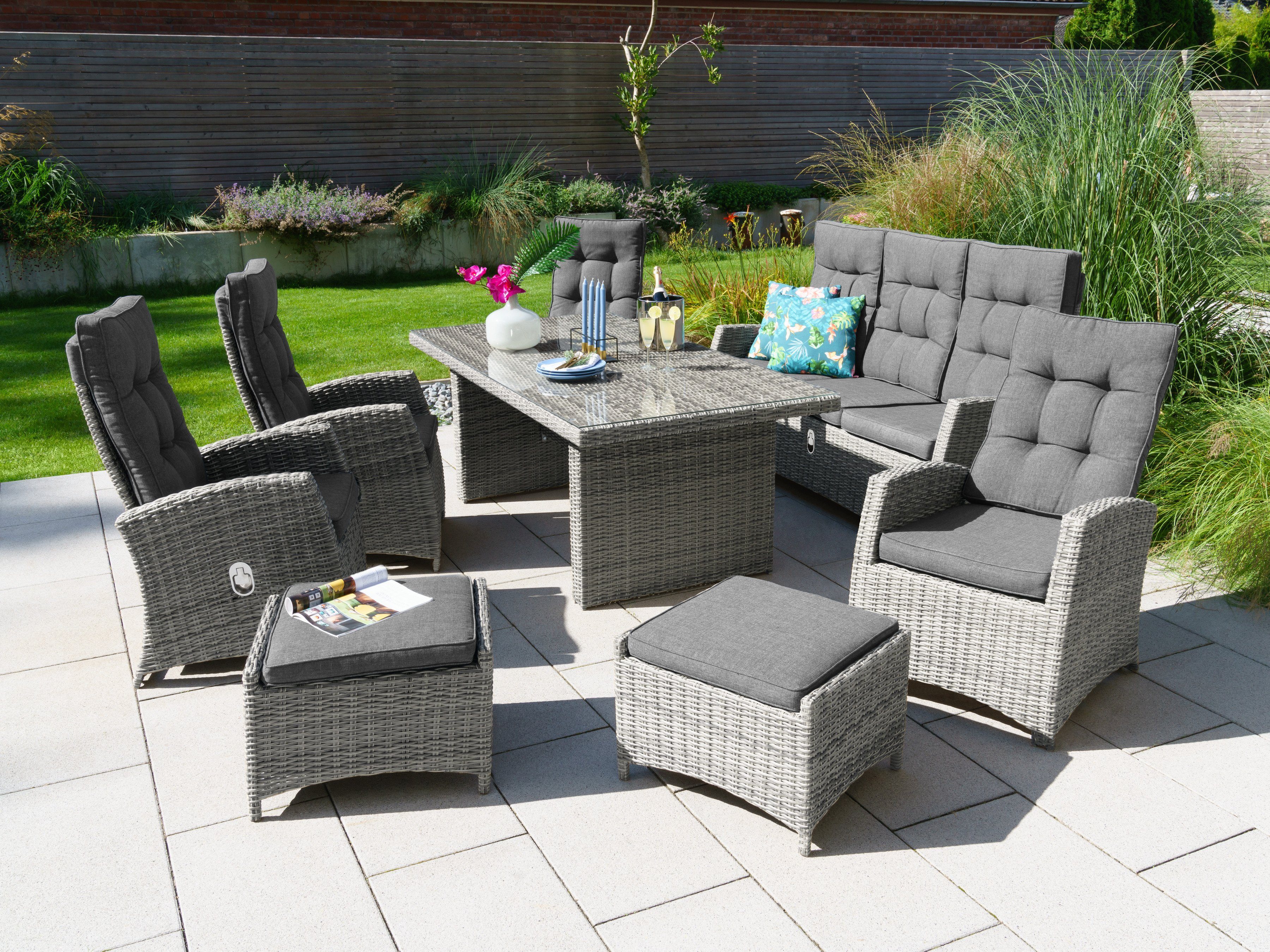 KONIFERA Garten-Essgruppe Monaco, (Set, 24-tlg., 4x Sessel, 1x 3er Sofa, 2x Hocker, 1x Tisch 200x100x75cm), Polyrattan, Aluminium, mit verstellbaren Rückenlehnen, inkl. Auflagen