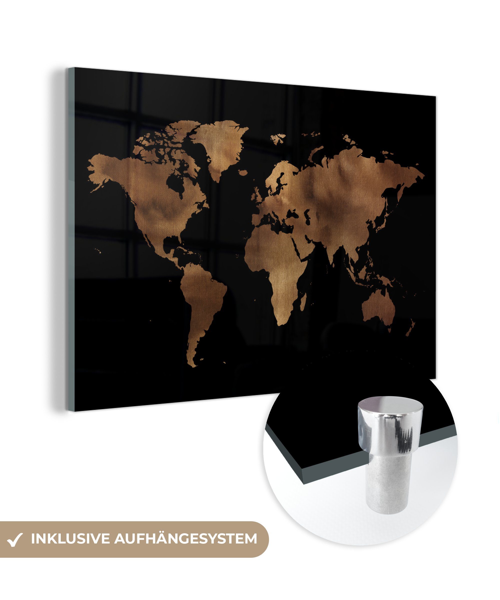 MuchoWow Acrylglasbild Weltkarte - Schwarz - Bronze, (1 St), Glasbilder - Bilder auf Glas Wandbild - Foto auf Glas - Wanddekoration