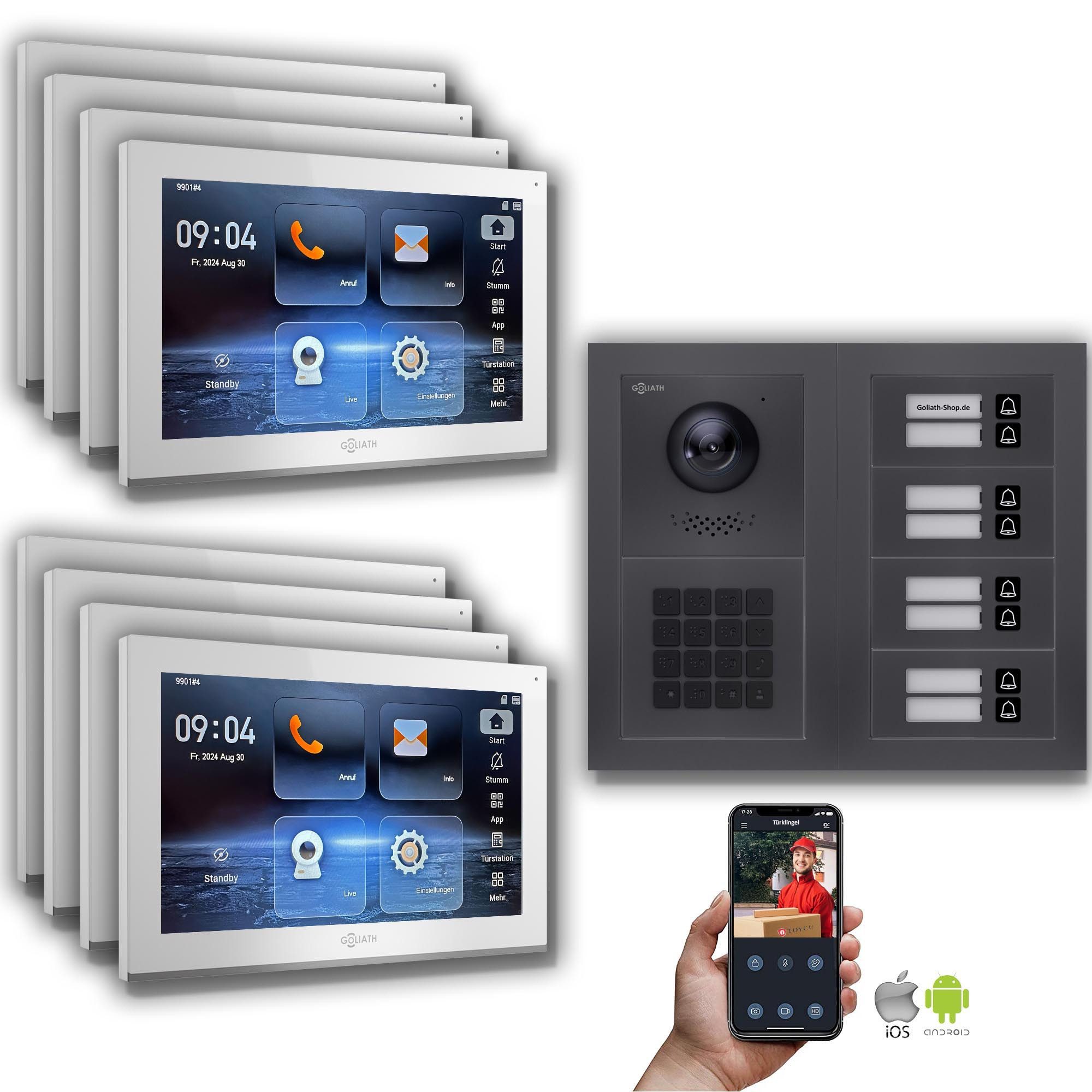 Goliath Intercom Video-Türsprechanlage Goliath IP Video Türsprechanlage: 10-Zoll 8 Familienhaus, Zahlencode,A (Privat oder Gewerblich)