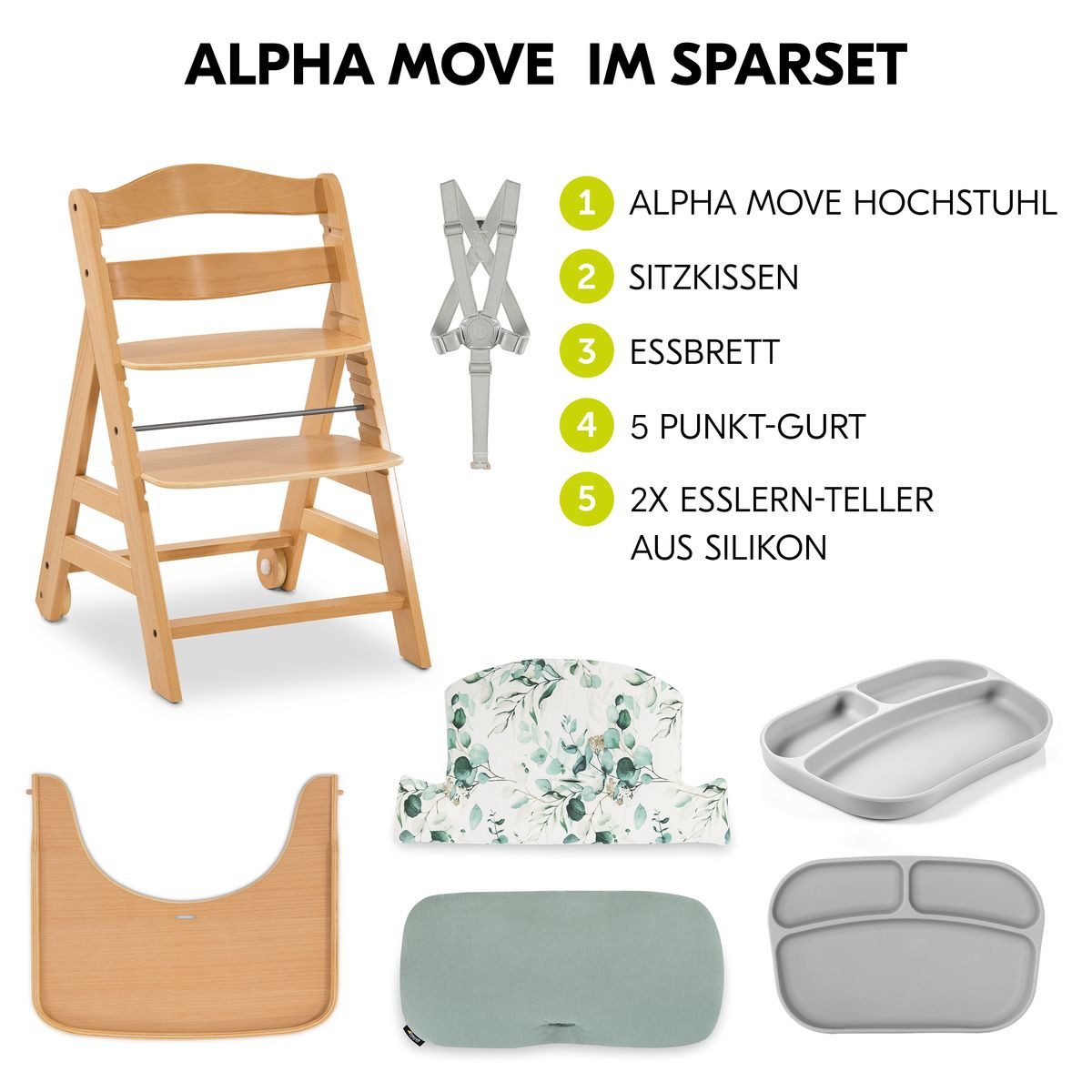 Hauck Hochstuhl Alpha Move - Natur, Holz Kinderhochstuhl ab 6 Monaten mit Essbrett, Sitzkissen & Essteller