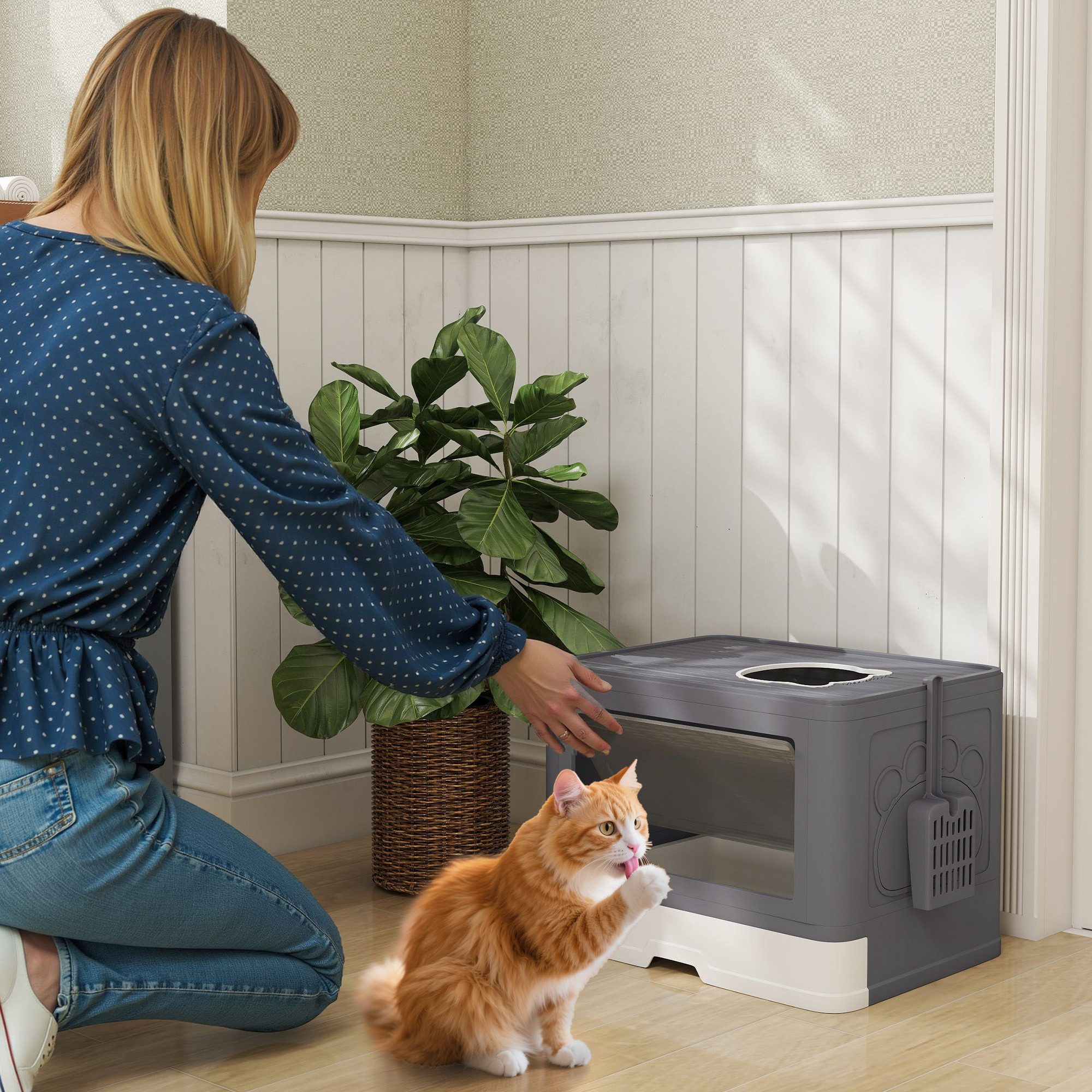 PawHut Katzentoilette Katzenklo mit Schaufel, Deckel, Toilette für Katzen b günstig online kaufen