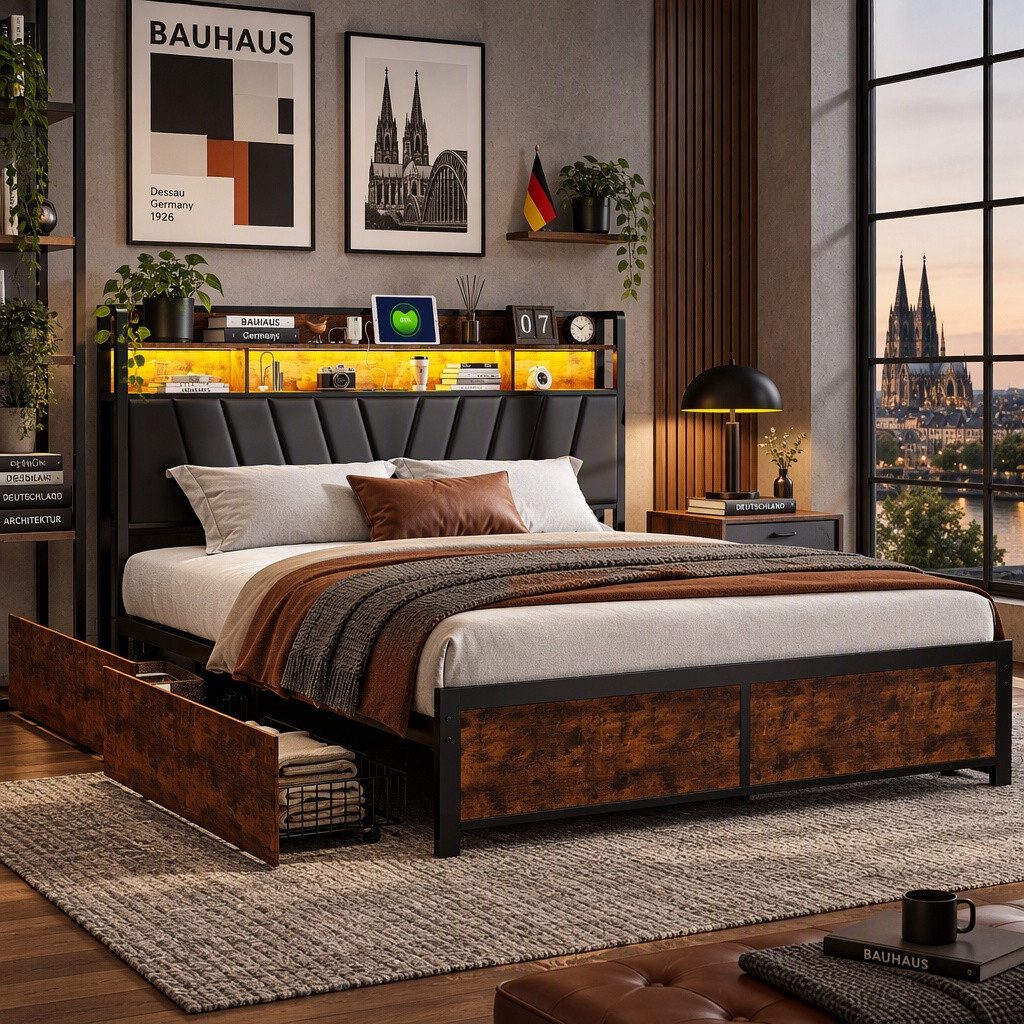 Furnishings Home Polsterbett 140x200 cm Stauraumbett LED Doppelbett (1 tlg, Geeignet für Jungen und Mädchen, Mit große Stauraum), mit Lattenrost und Ladefunktion, mit Komforthöhe, Leises Design Bett