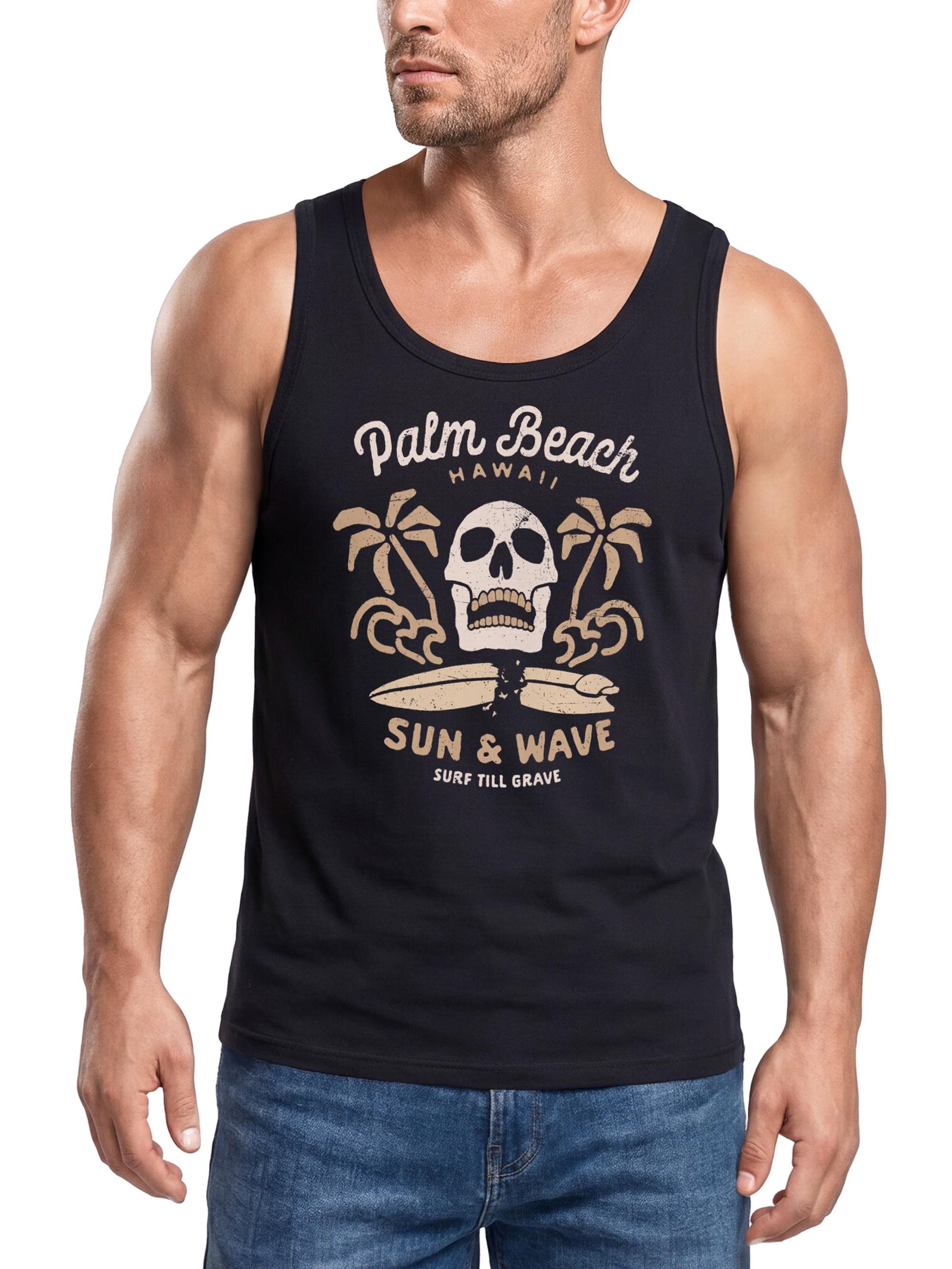 Tanktop Herren Tank-Top Surf-Motiv Totenkopf Palm Beach Muskelshirt Muscle
