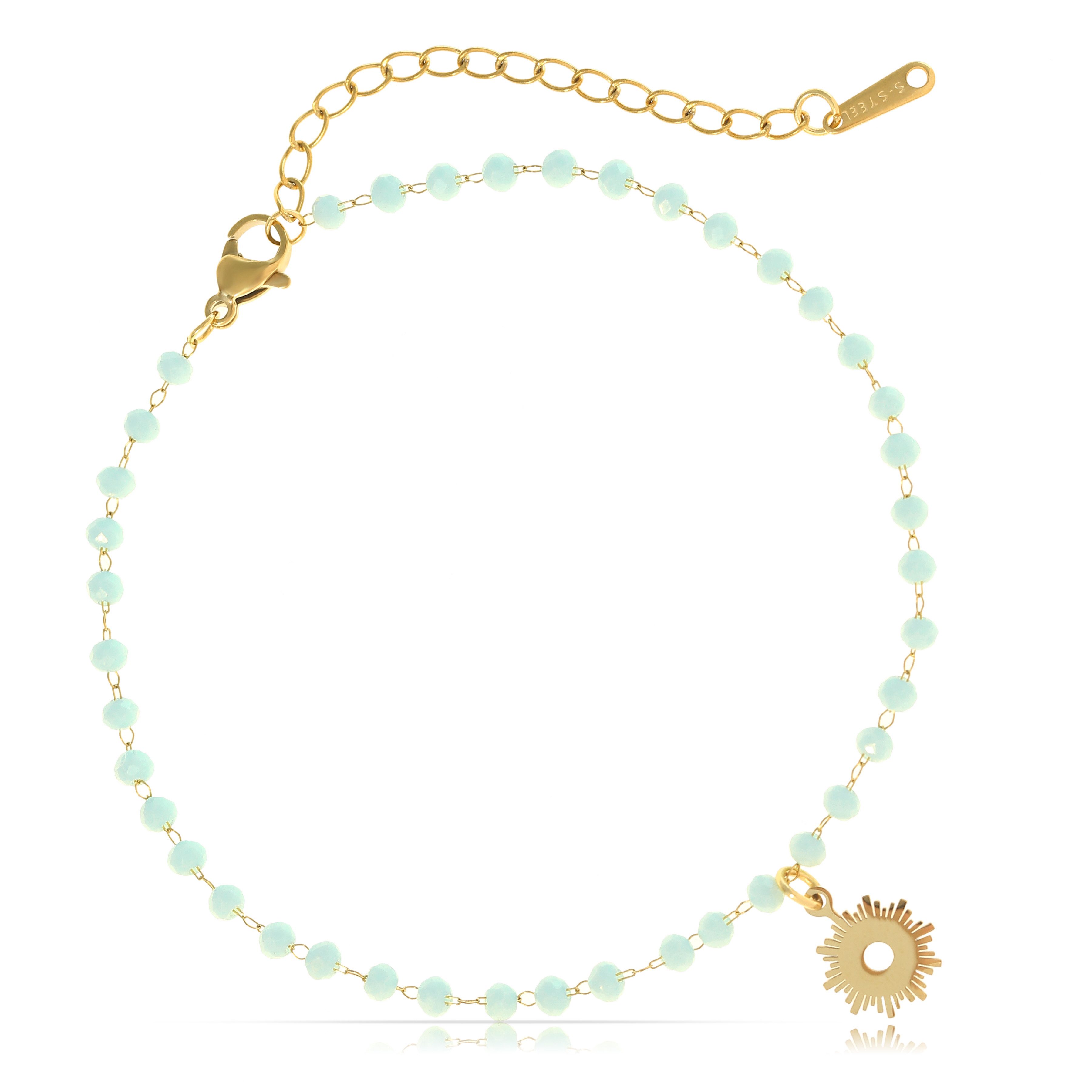 Made by Nami Fußkette Damen Fußkettchen goldfarben mit türkisen Perlen verstellbar, aus Edelstahl – farbige Perlen – mit Anhänger – längenverstellbar