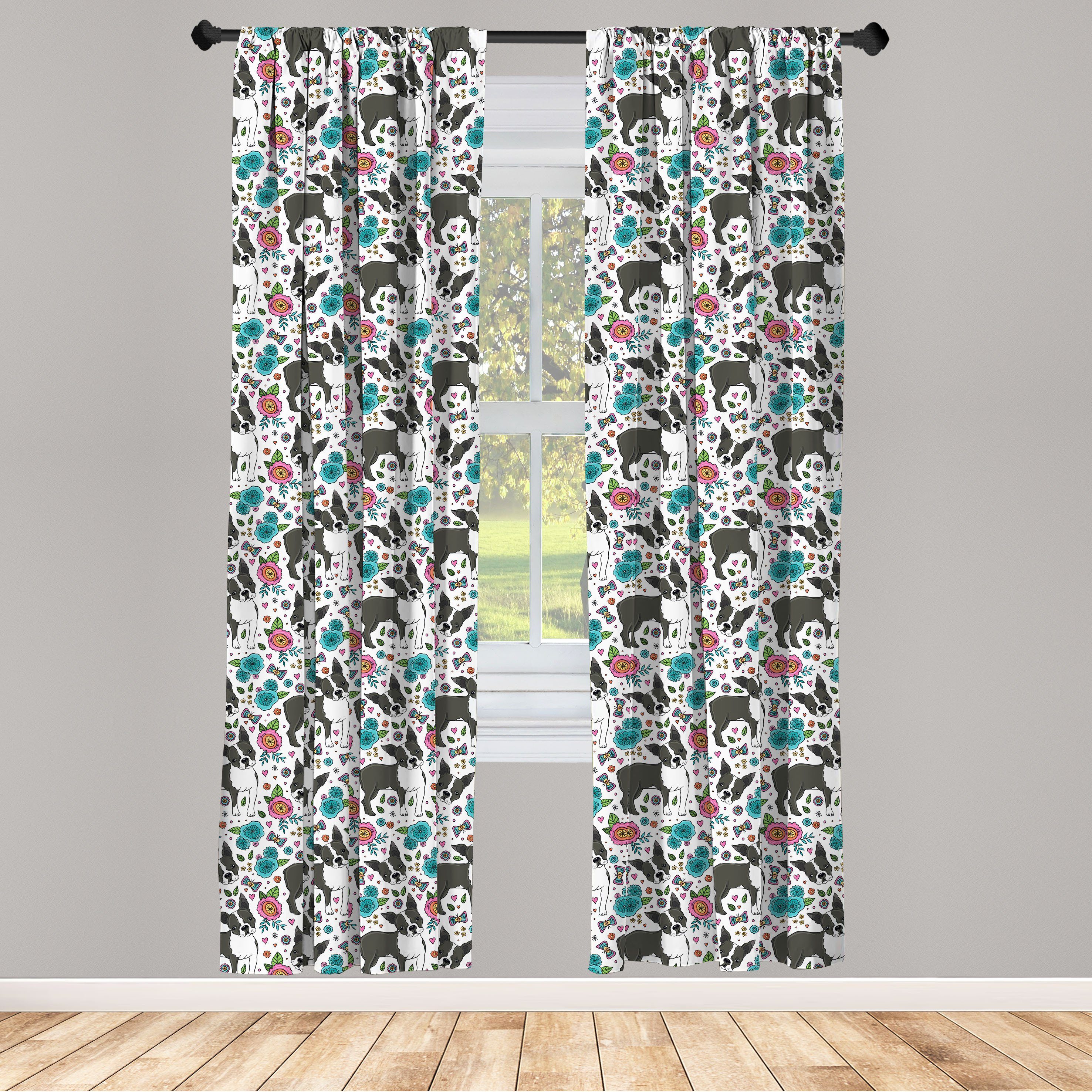 Gardine Vorhang für Wohnzimmer Schlafzimmer Dekor, Abakuhaus, Microfaser, Hunde Boston Terrier und Blumen
