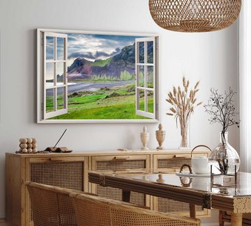 Sinus Art Leinwandbild Wandbild 120x80cm Fensterbild Küste Island Berge Grün Vulkan Natur, (1 St)