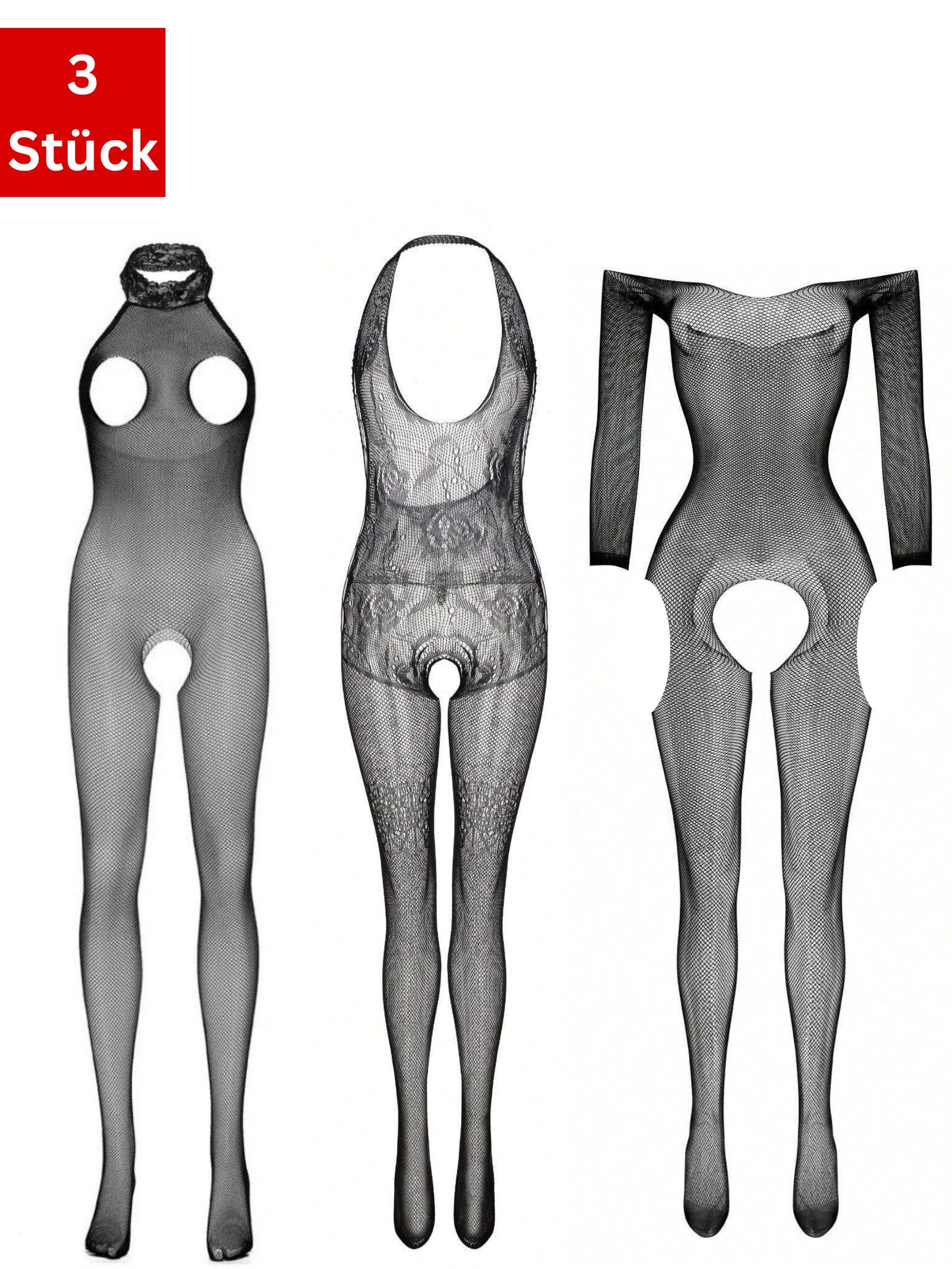 Elegant Love Bodystocking-Ouvert Sexy Body-Dessous mit offenem Schritt – Lingerie-Catsuit für Damen (Packung 3 St. 3er-Pack) Femininer Strumpfbody im feinen Netzdesign, S–XL