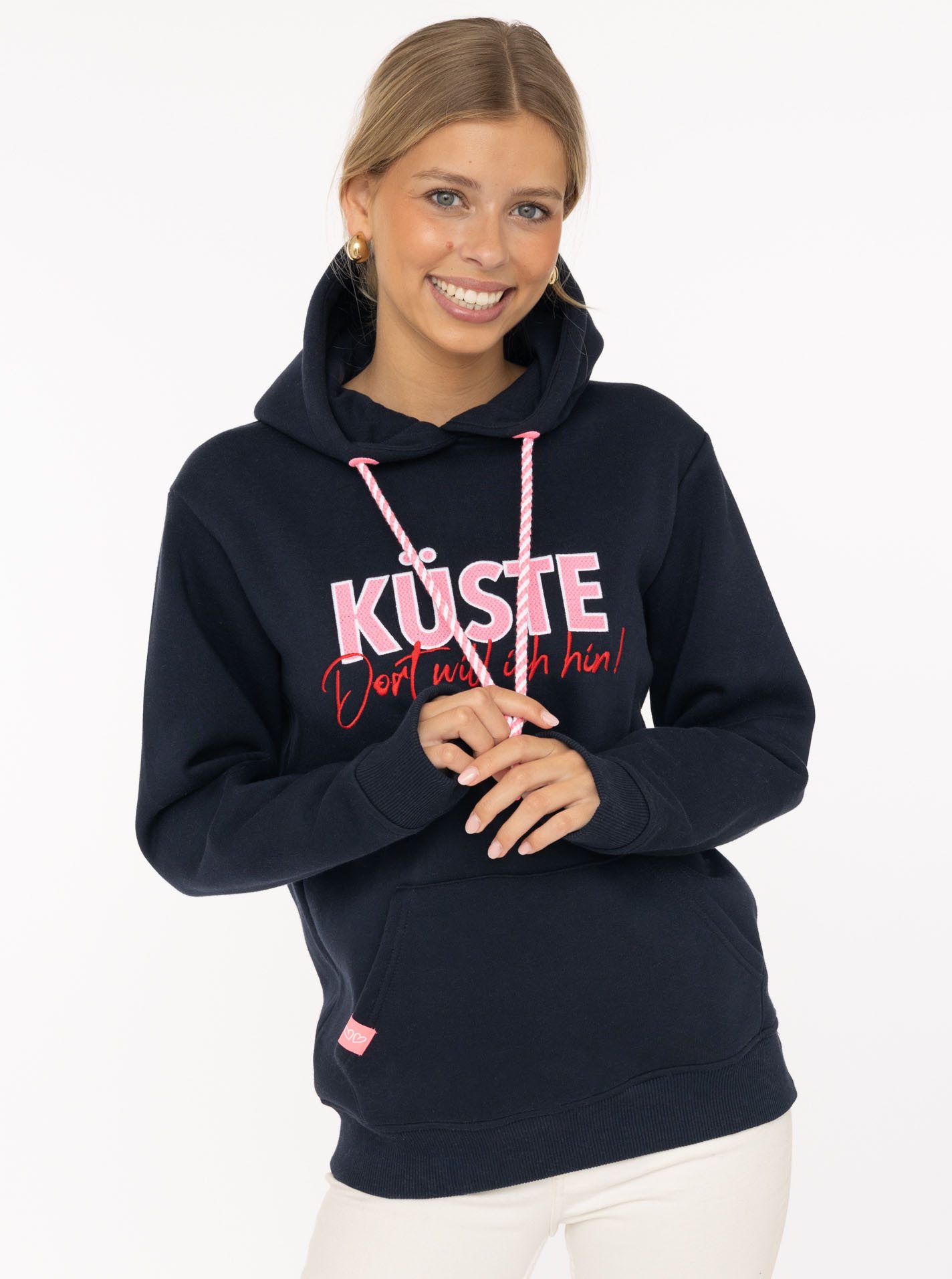 Zwillingsherz Hoodie "Küste" statement Stickerei, gestreifte Kordel, Kapuze