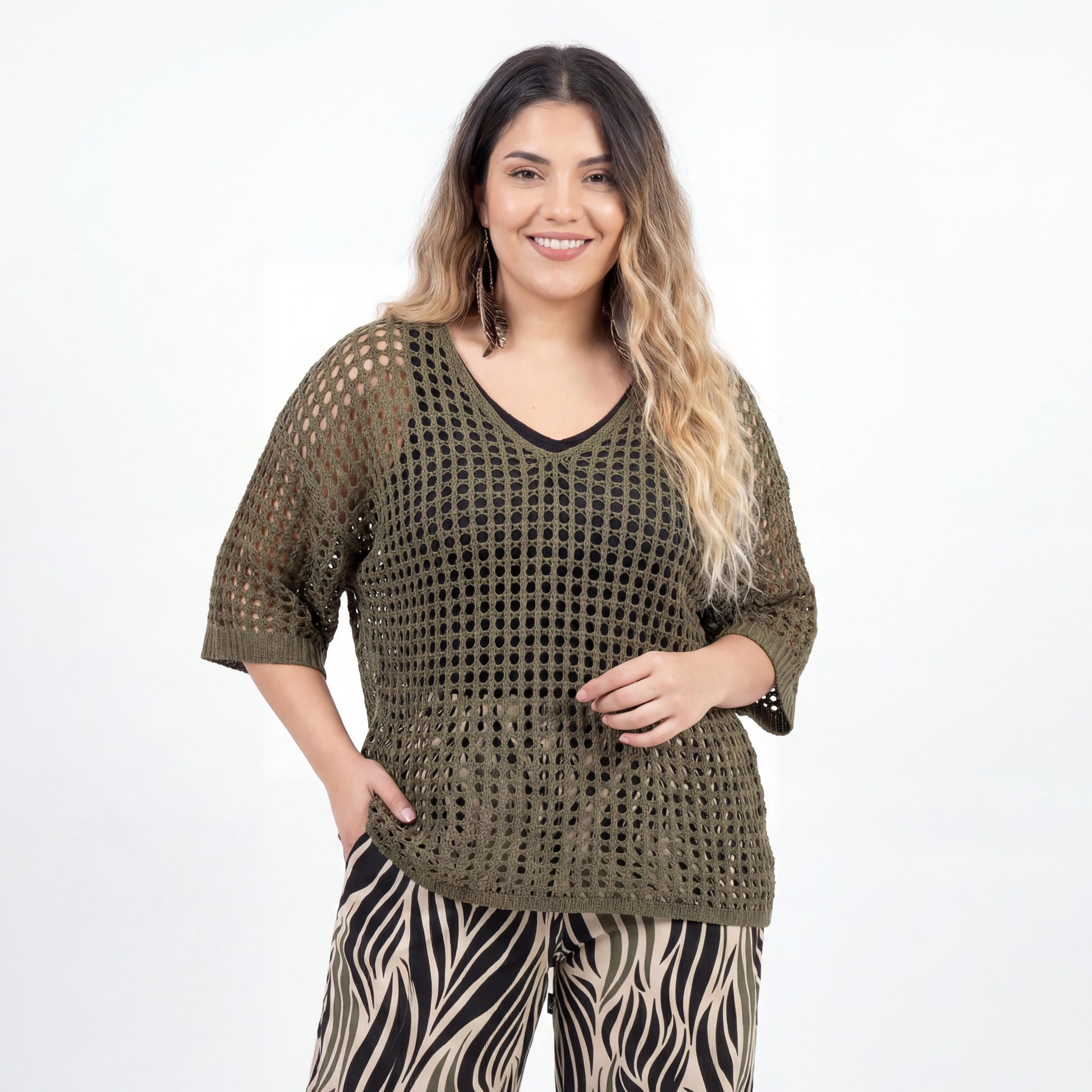 OriginalYou Strickpullover Häkeloberteil Damen Sommer Shirt Lochstrick Oversize Pullover One Size 40-46 (40-42 oversize / 44-46 regular)