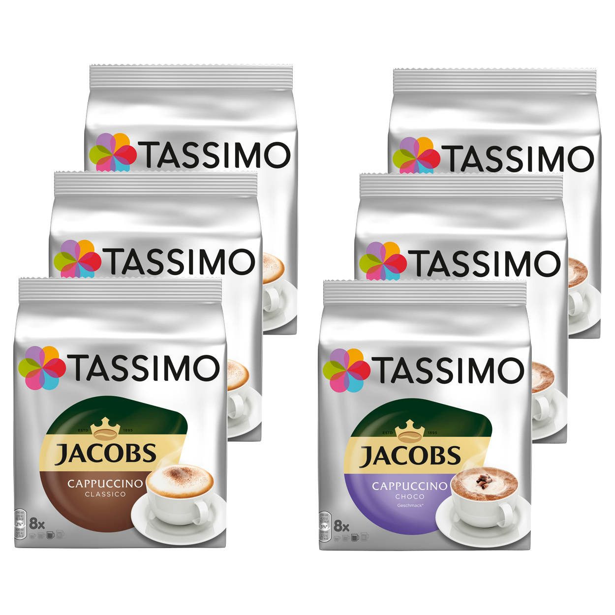 TASSIMO Kaffee Kapseln Cappuccino Mix Classic + Choco je 3 Packungen 48 Getränke, 1404 g, (Packung, 6er Pack)