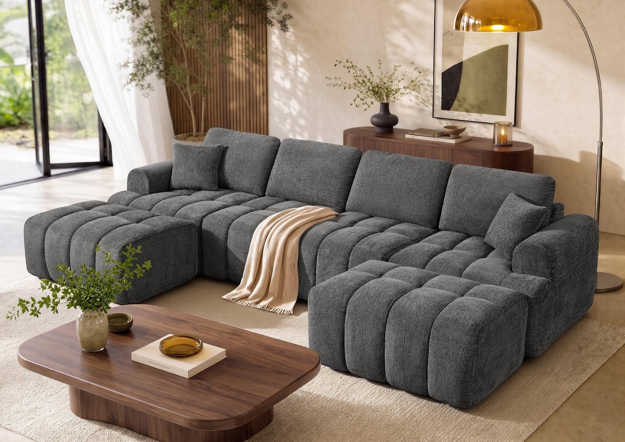 VASAGLE Wohnlandschaft Rahmenlose Couch in U-Form, B: 306 cm, mit Taschenfederkern, Modulares Sofa und Hocker Set, Chenille, 6-Sitzer Couch für Wohnzimmer