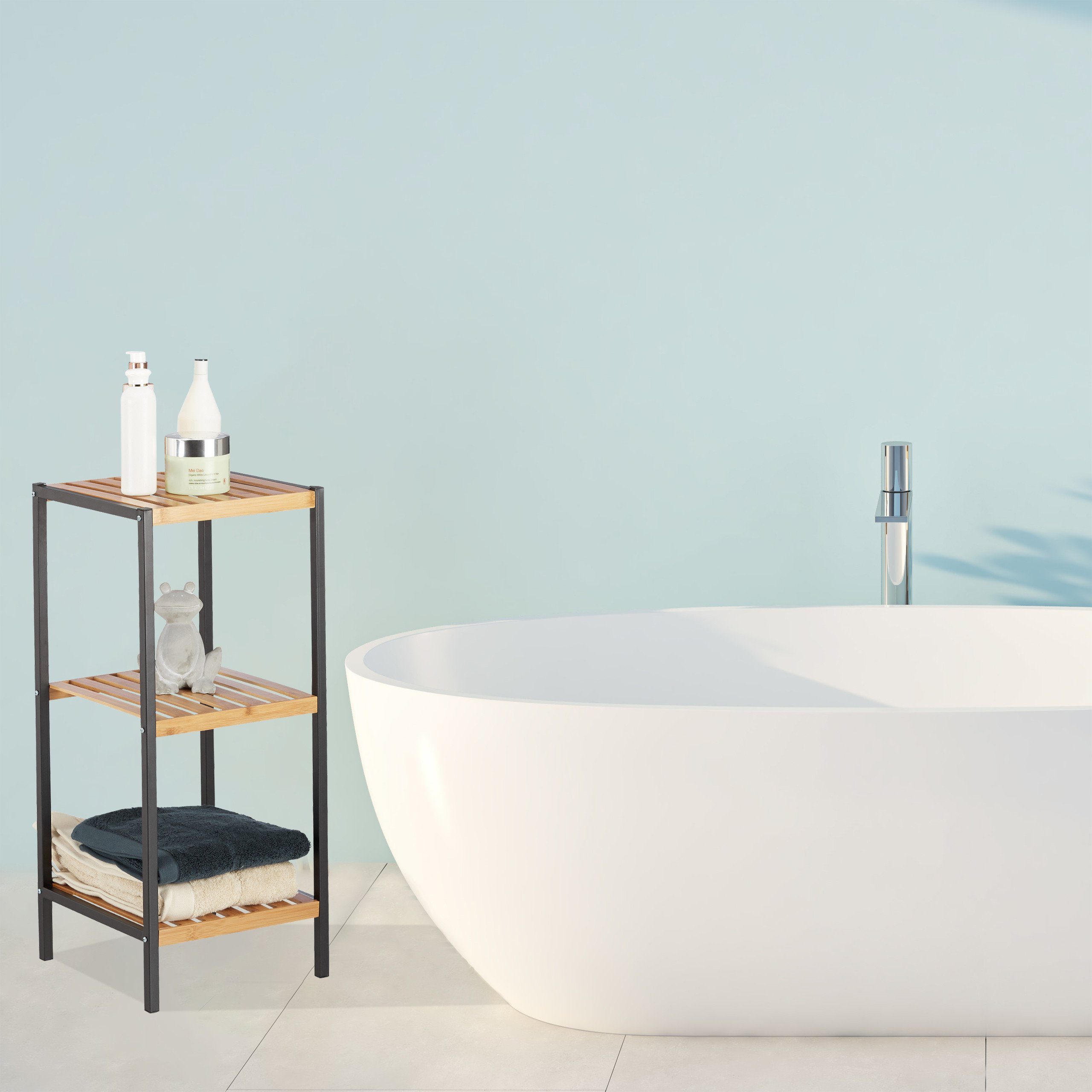 relaxdays Standregal Quadratisches Regal Bambus und Stahl, 3