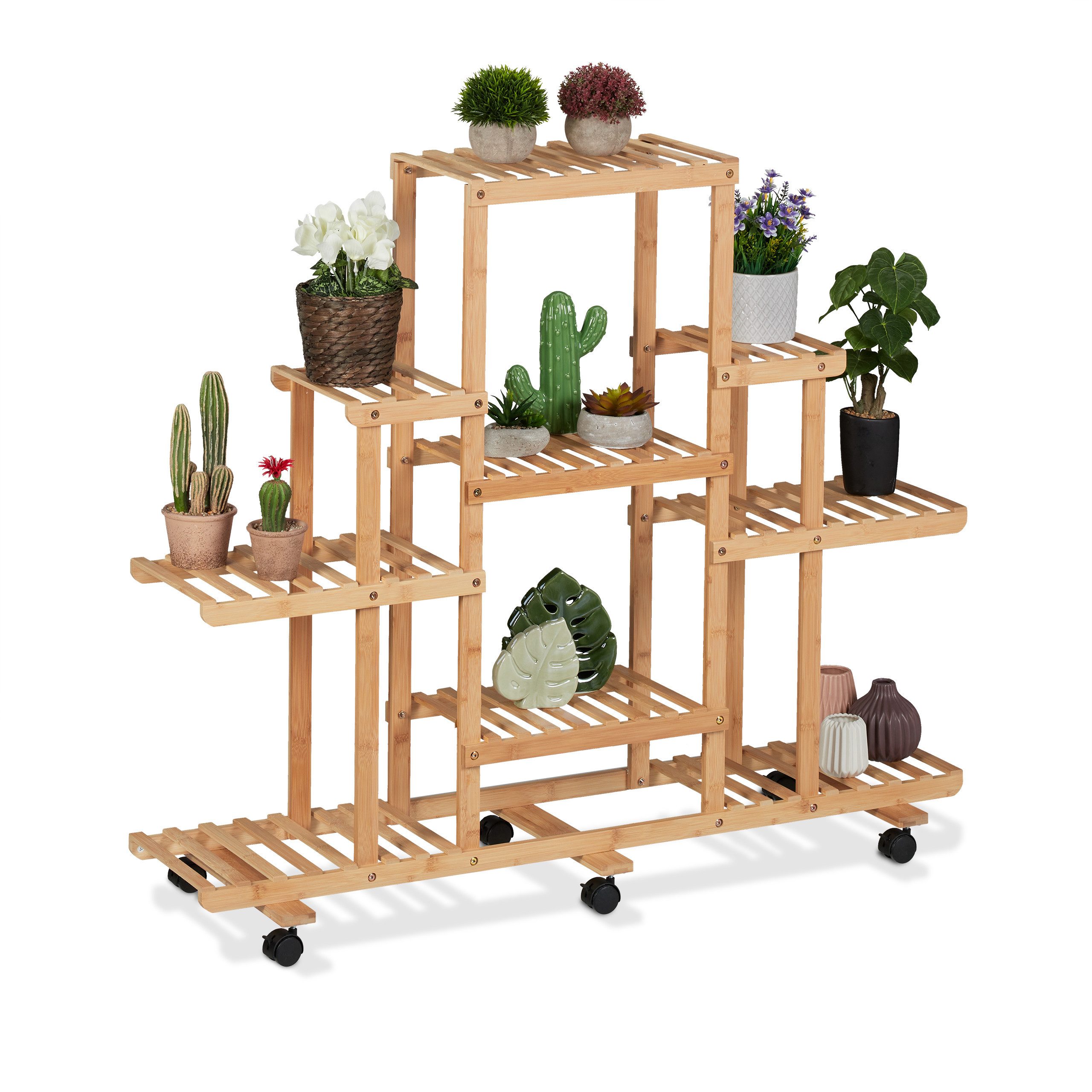 relaxdays Blumenständer Bambus Pflanzenregal mit Rollen günstig online kaufen