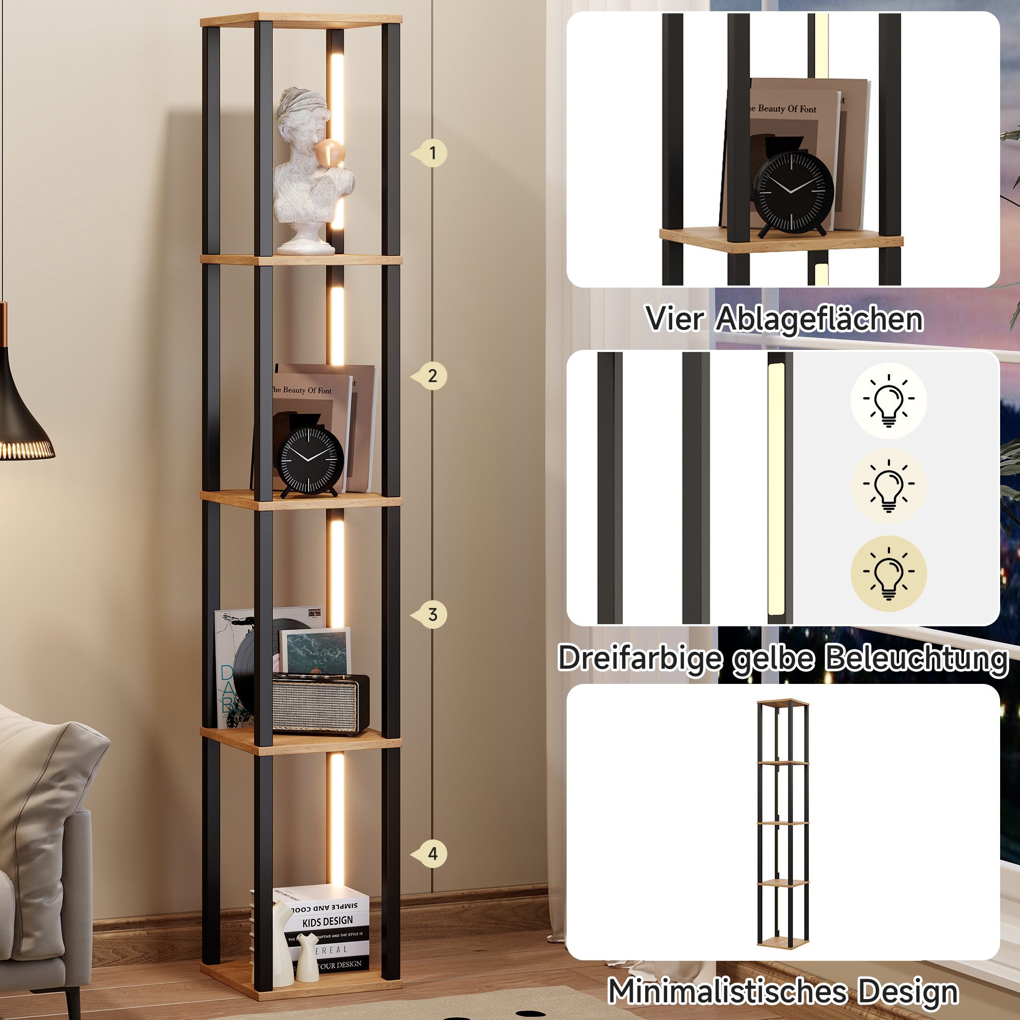 Celya Bücherregal Standregal, vier Ebenen mit einstellbare LED-Beleuchtung, modernes minimalistisches Design, einfach zu montieren und zu reinigen, Ideal für Wohnzimmer, Schlafzimmer, Arbeitszimmer oder Flur