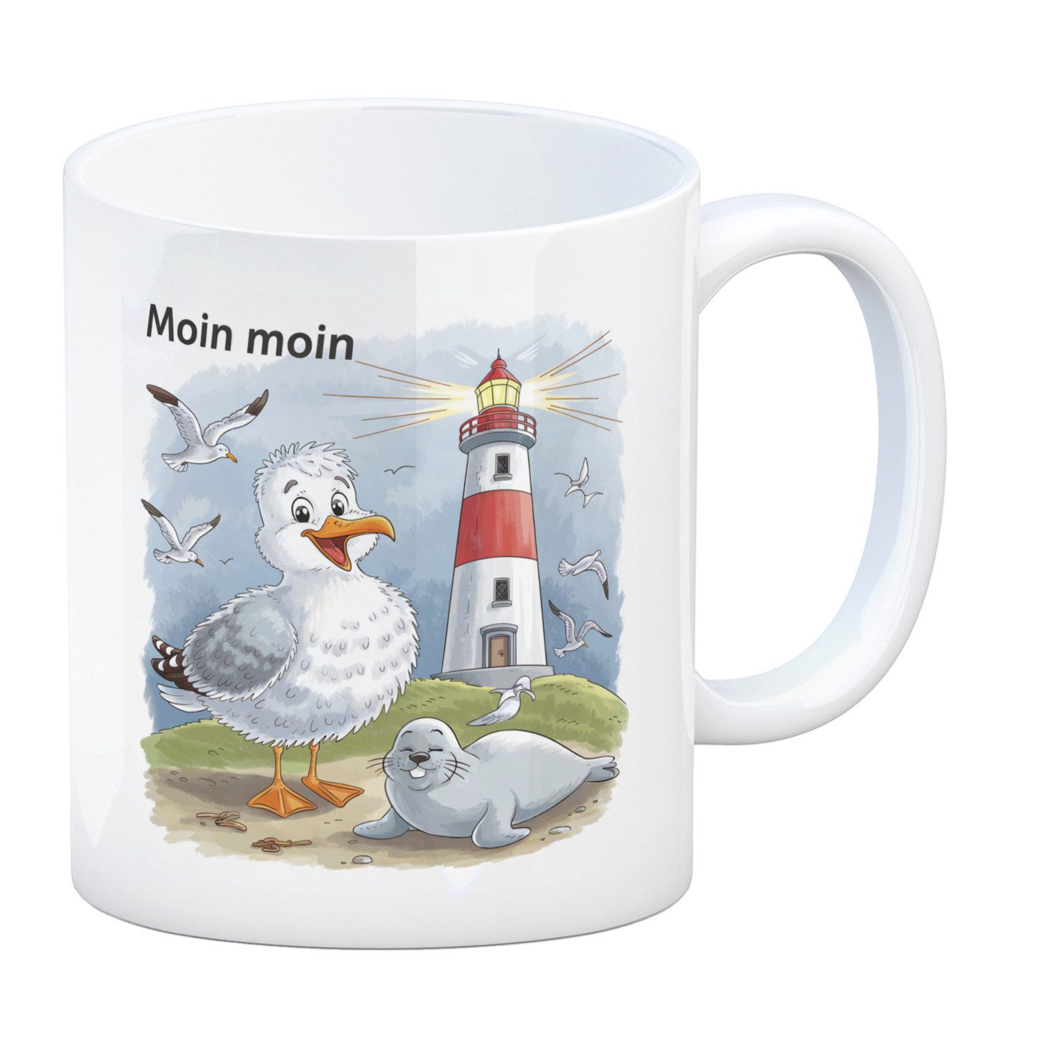 speecheese Tasse Fröhliche Möwe und Leuchtturm Kaffeebecher - MOIN MOIN