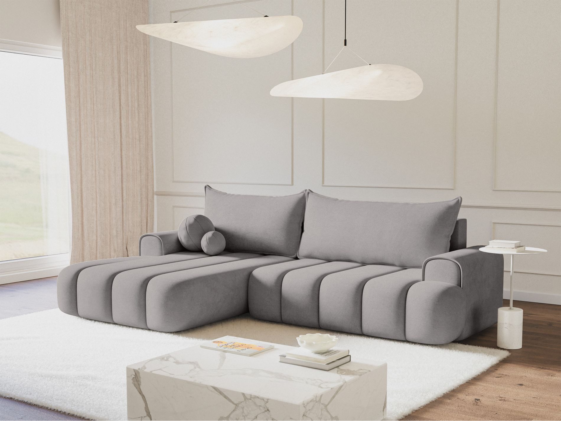 Selsey Ecksofa DANDELINO, Schlafsofa mit Bettkasten, Bezug wahlweise in Bouclé oder Samt, 275 cm