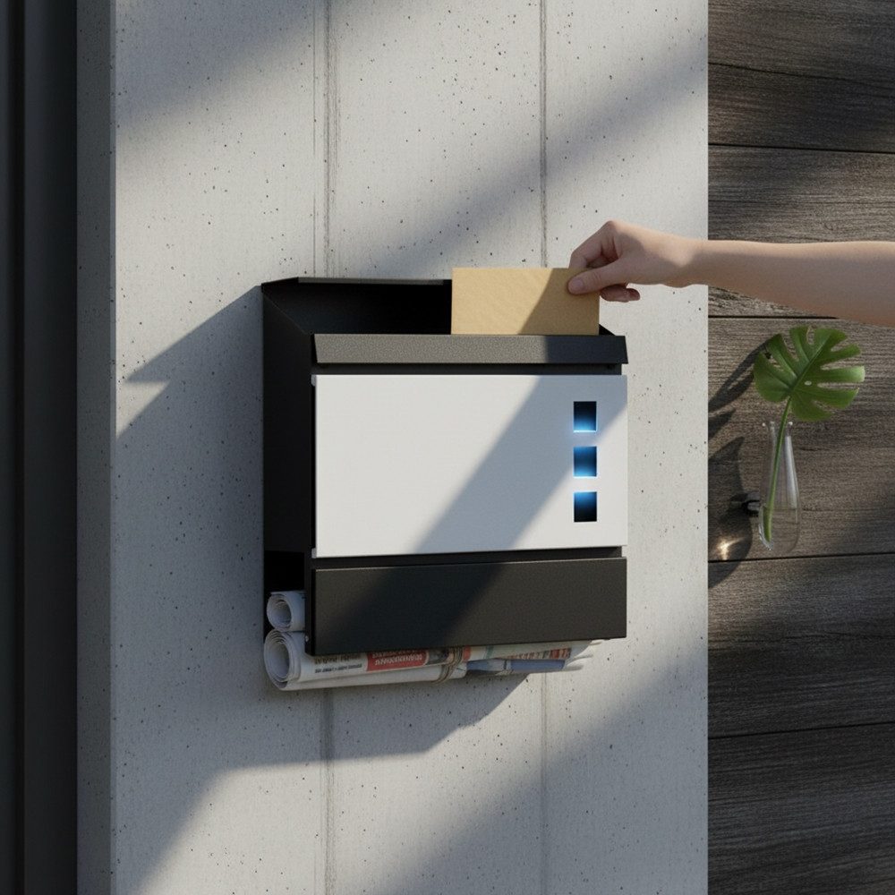 Mucola Briefkasten Briefkasten Wandbriefkasten Mailbox schwarz Weiß Design Postkasten (Stück, 1-St., Premium-Briefkasten), Zeitungsfach