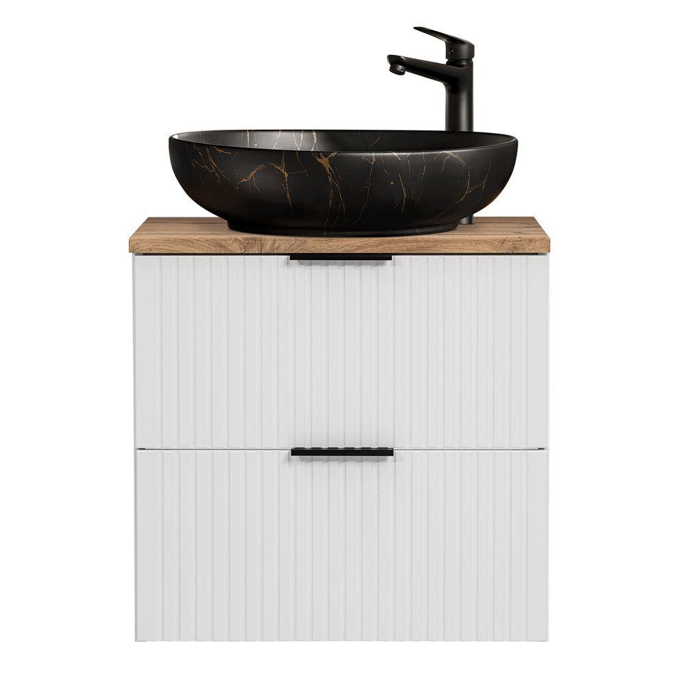 Lomadox Waschtisch ADELAIDE-56-WHITE, 60cm, weiß mit Eiche Nb., Keramikbecken schwarz goldfarben marmoriert
