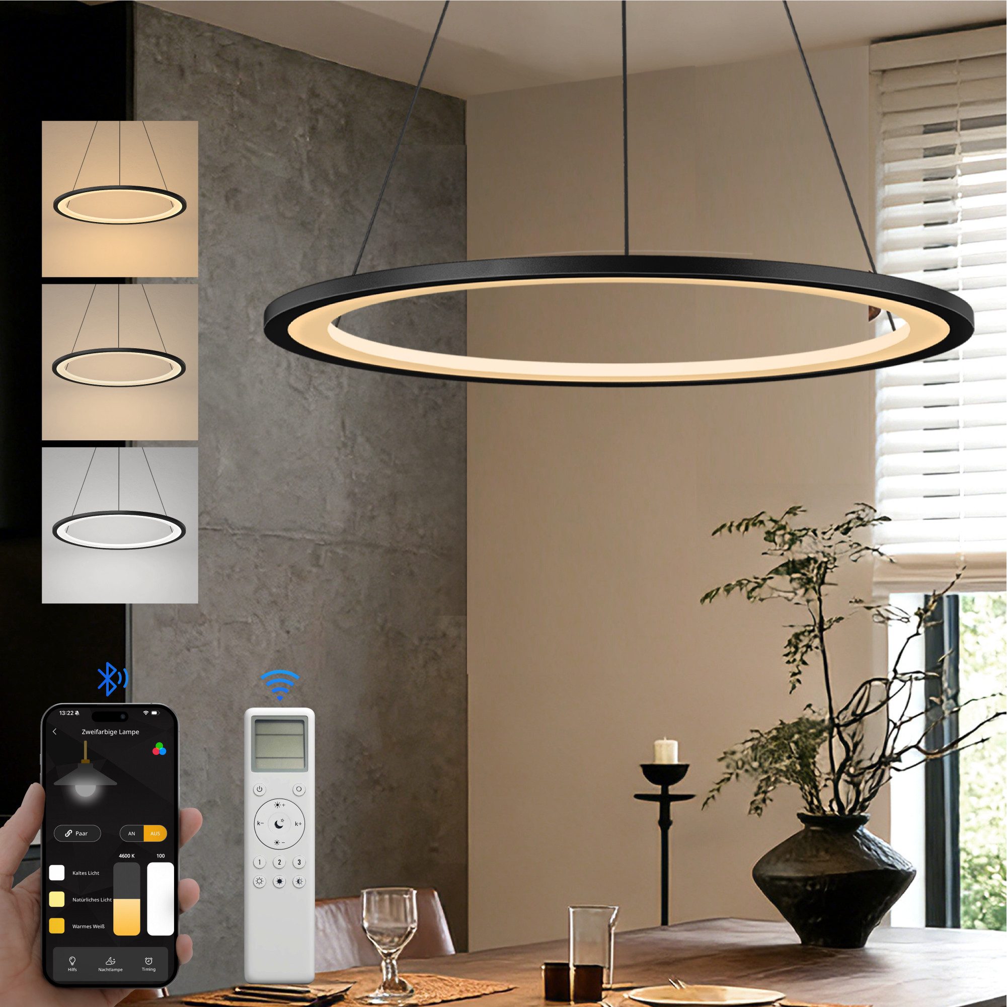 doporro Pendelleuchte Pendellampe Hängeleuchte höhenverstellbar stufenlos dimmbar Luvina01, Farbtemperatur von 3000–6000K einstellbar, LED-Pendellampe