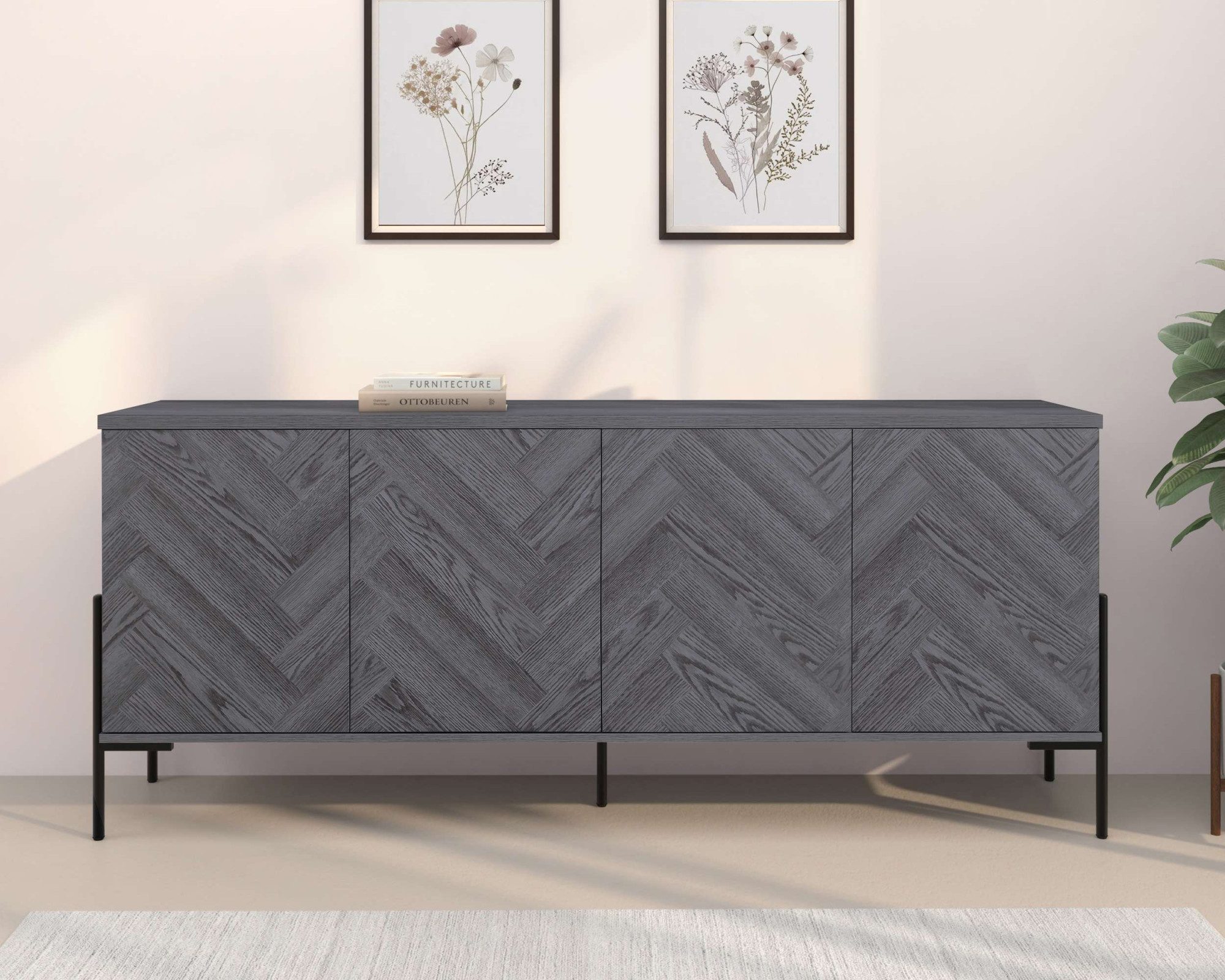 OTTO home Sideboard Eadwine, Kommode, Push-to-open, Türen mit Fischgräten Muster, Breite 175 cm
