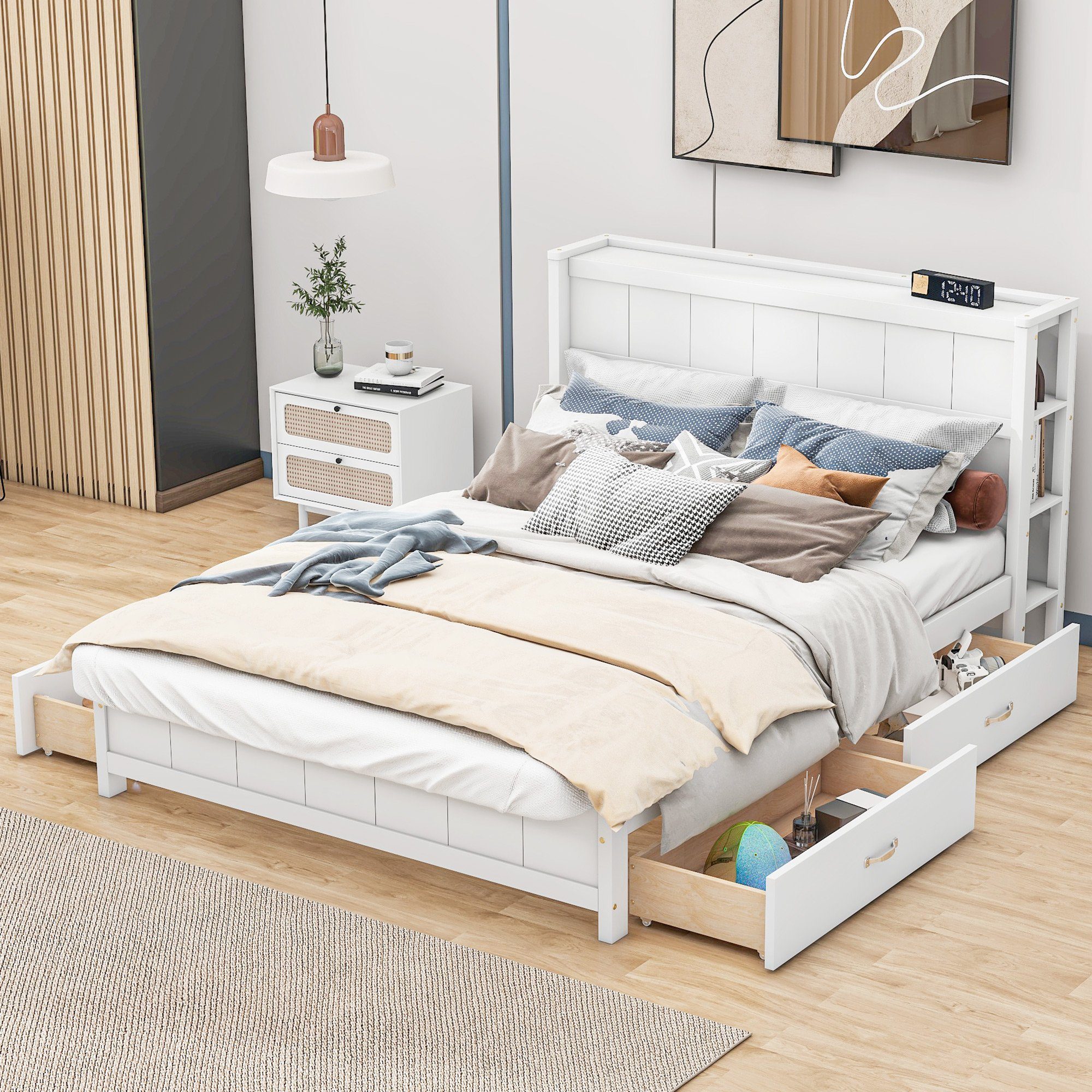 REDOM Massivholzbett Doppelbett mit Stauraum am Kopfende 140x200cm (mit Vier Schubladen unter dem Bett), ohne Matratze