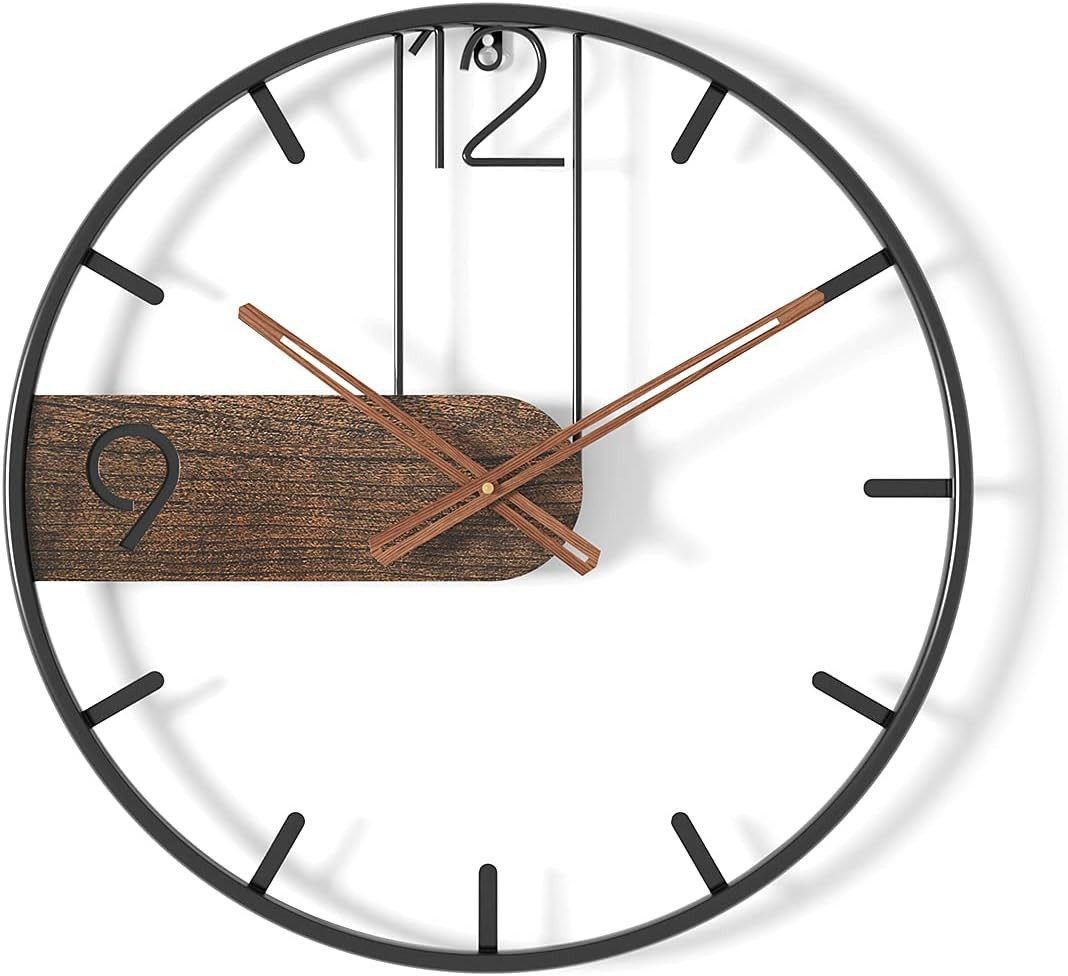 AIMAX Wanduhr aus Metall, Vintage Wanduhr wohnzimmer, Groß XL Ø40 cm, Retro Uhr Wand (Wanduhr mit Metallrahmen (Schwarz/Braun)– Lautlos, batteriebetrieben)