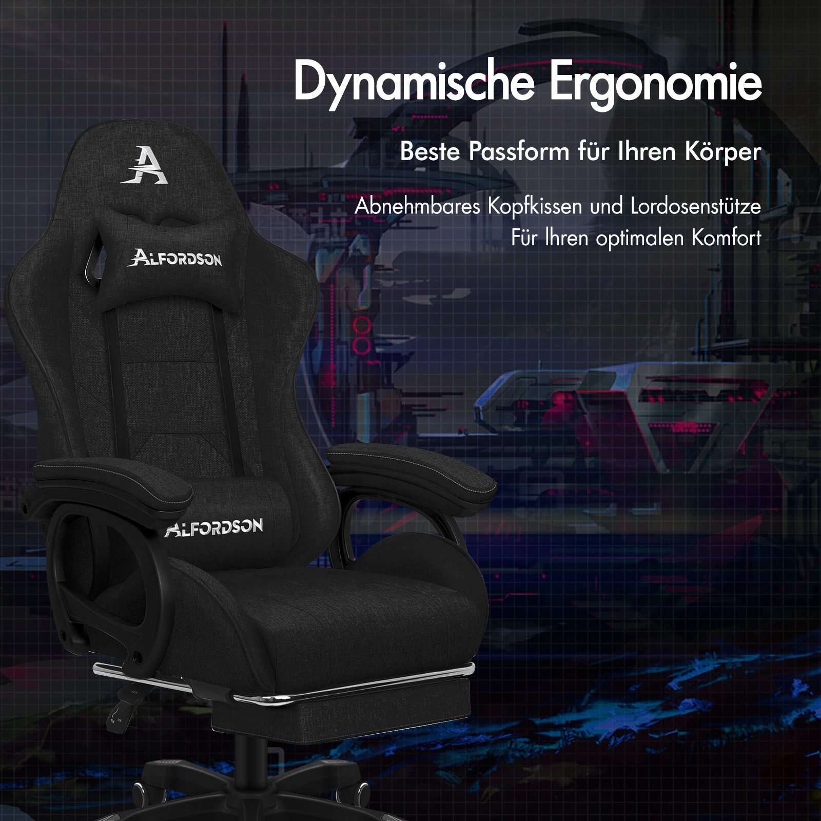 ALFORDSON Gaming-Stuhl mit Massage-Lordosenstütze, ergonomisch, mit Kopfstütze, höhenverstellbar, Stoffbezug, schwarz